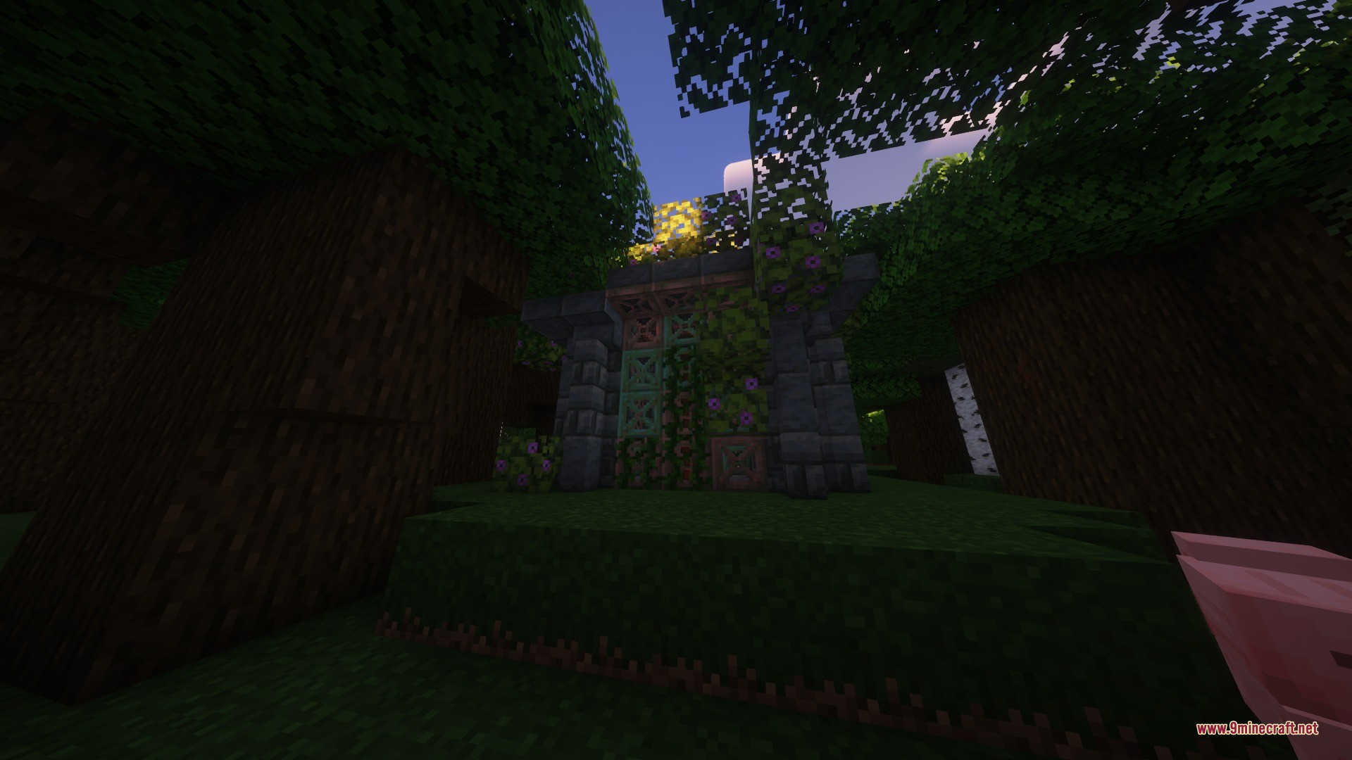 Katters Structures Dungeon Data Pack Screenshot 7 A small stone shrine covered in vines and flowers in a dark forest