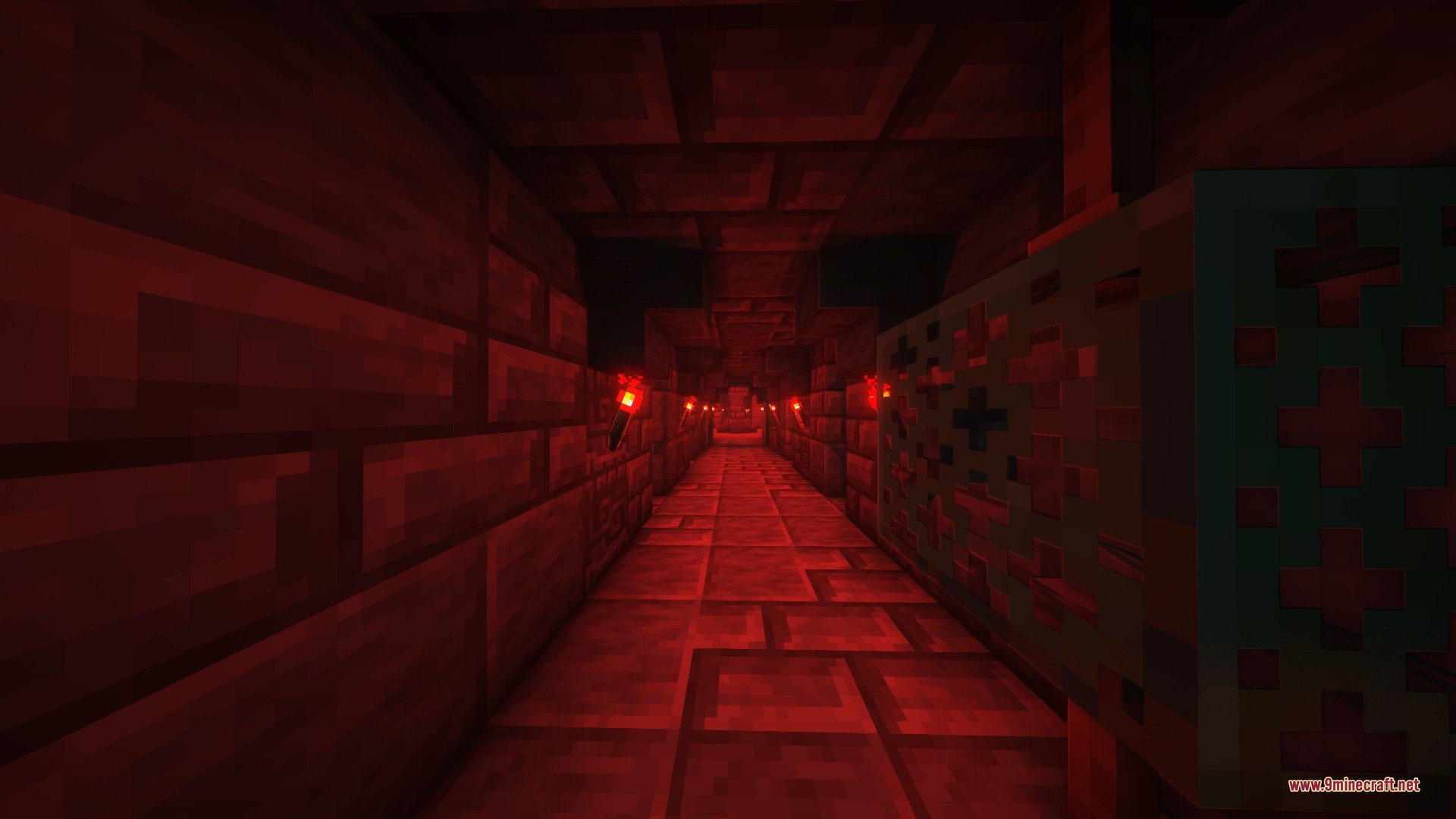 Katters Structures Dungeon Data Pack Screenshot 8 A dark underground corridor lit by redstone torches with stone brick walls