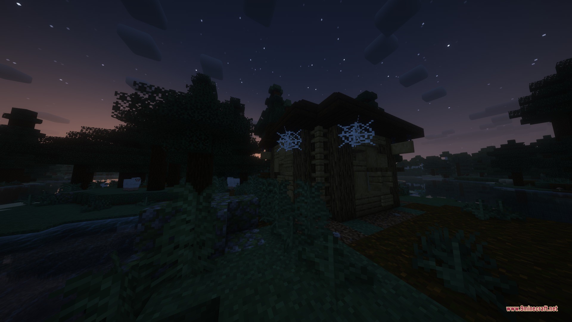 Katters Structures Dungeon Data Pack Screenshot 9 A spooky wooden spider den covered in cobwebs during a dark night