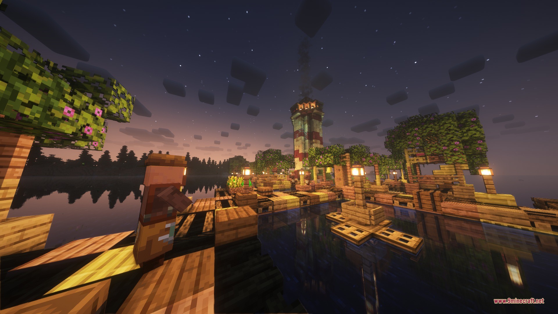 Katters Structures Village Data Pack Screenshot 1 A villager stands on a wooden dock in an ocean village at night