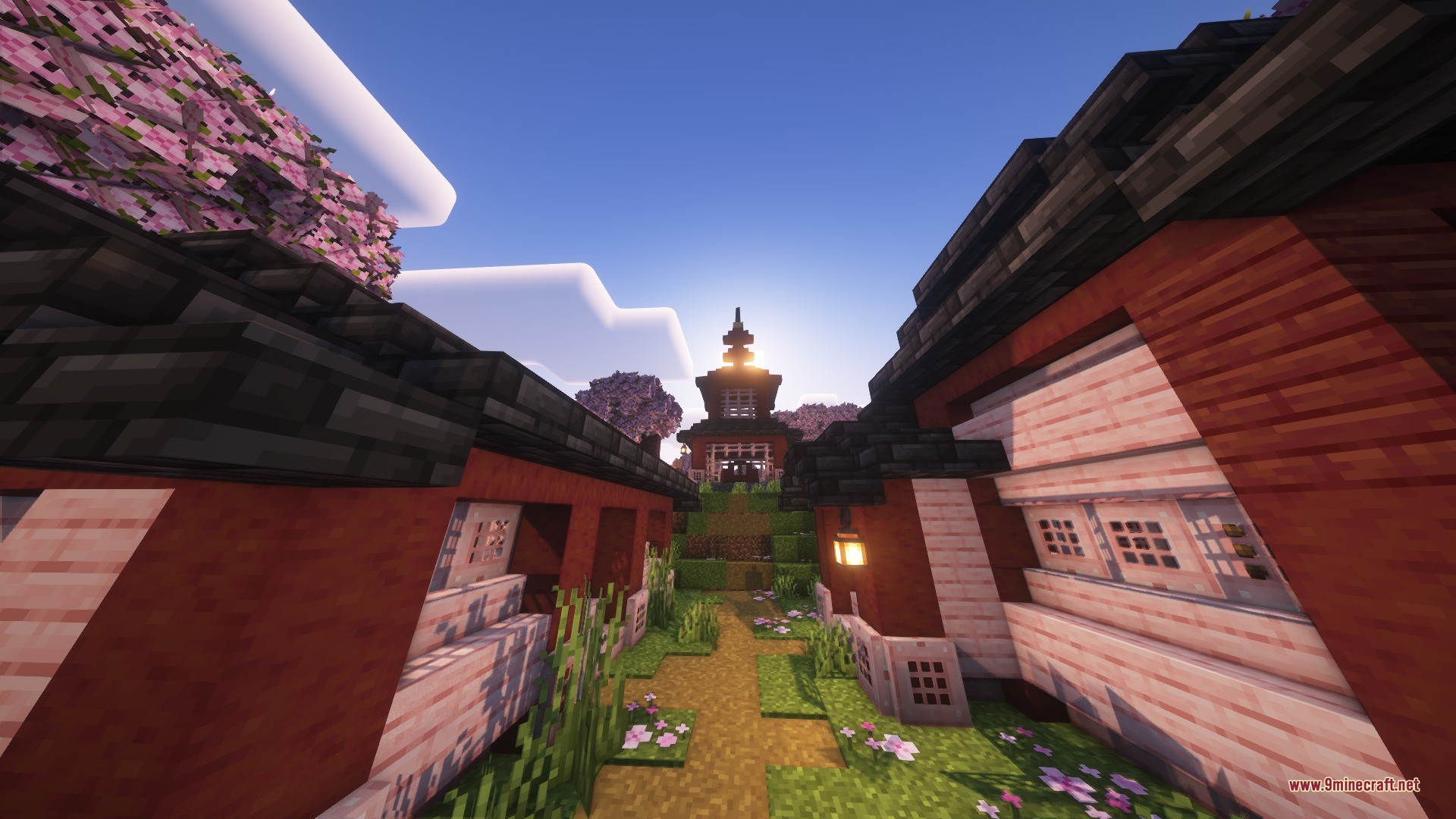 Katters Structures Village Data Pack Screenshot 2 Traditional buildings and pink cherry blossom trees line a path in a cherry village