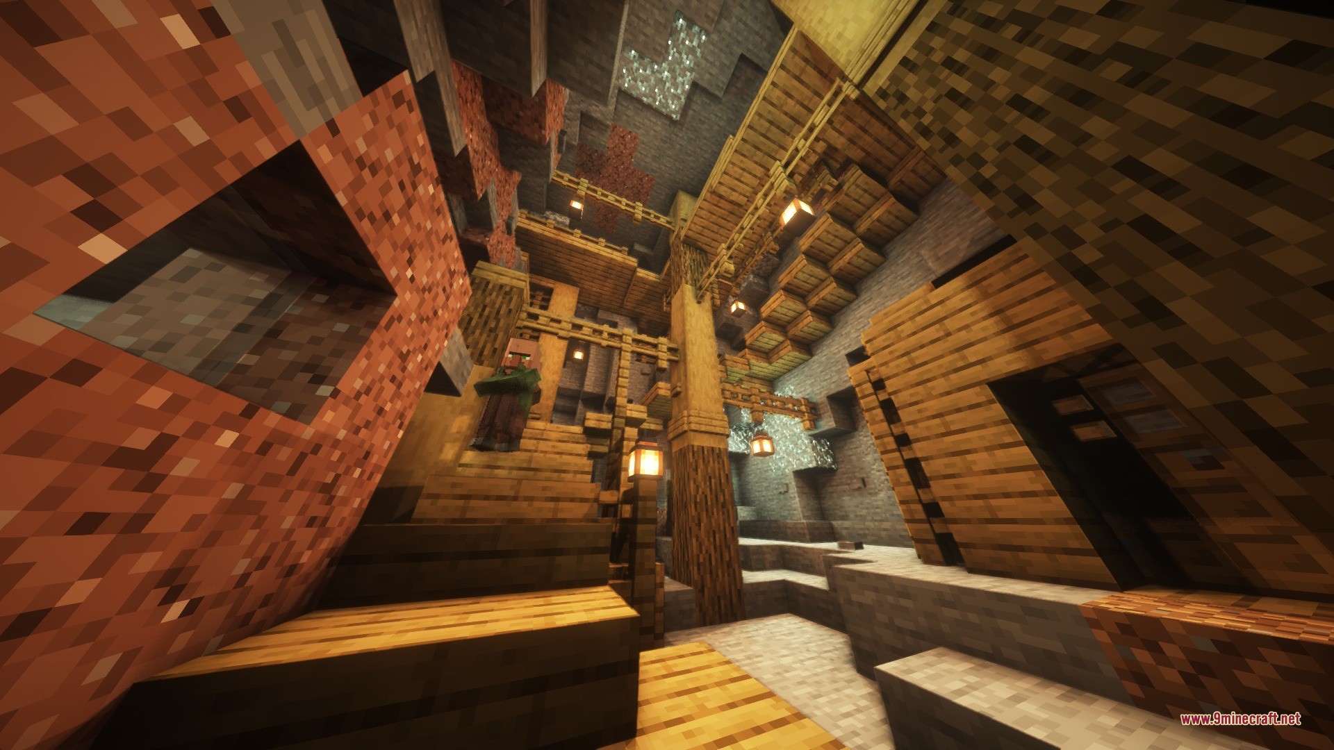 Katters Structures Village Data Pack Screenshot 5 A villager stands on wooden stairs inside a large underground cave settlement