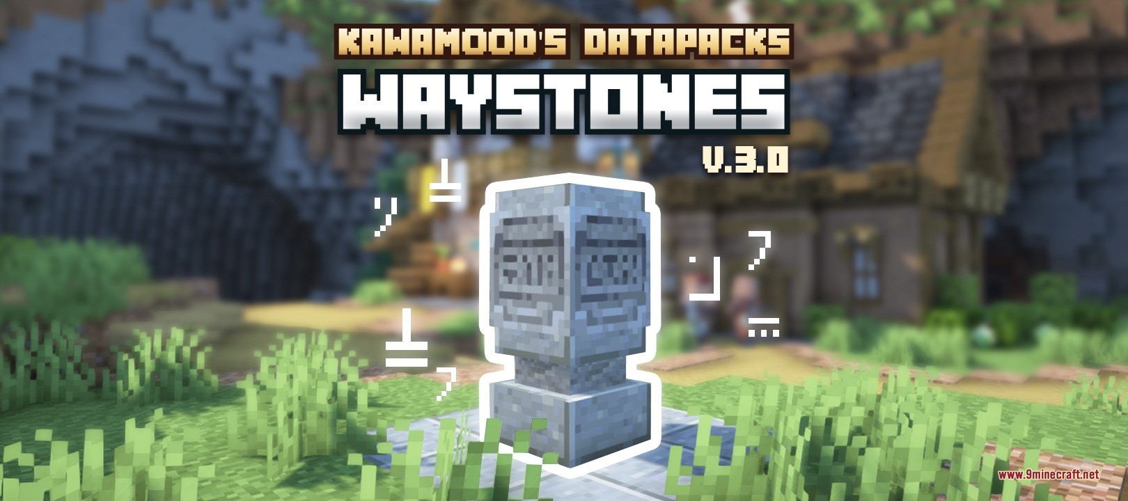 Kawa Mood Waystones Data Pack showing a stone teleportation statue in a village
