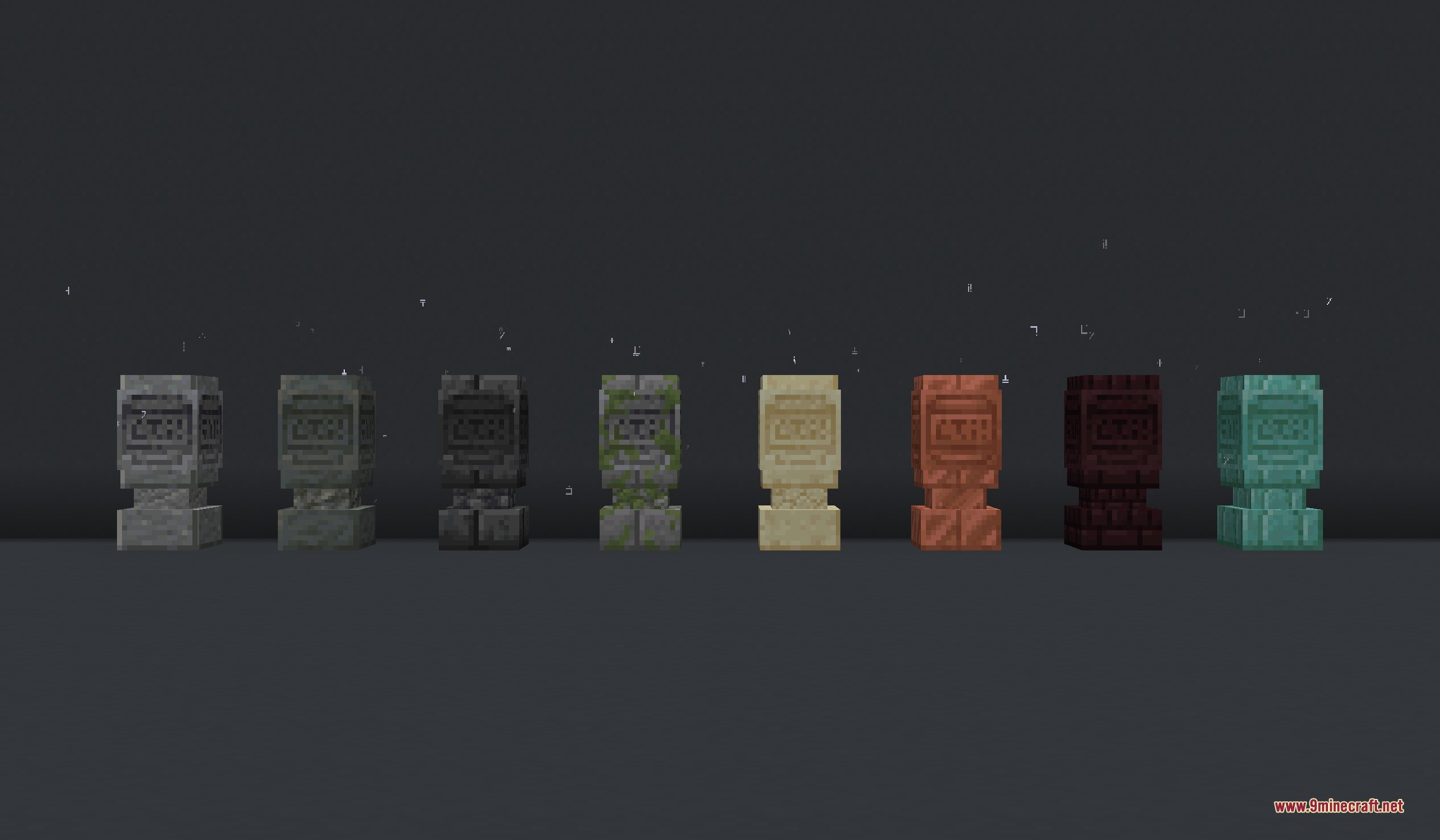 A row of teleportation statues made from different stone and metal blocks