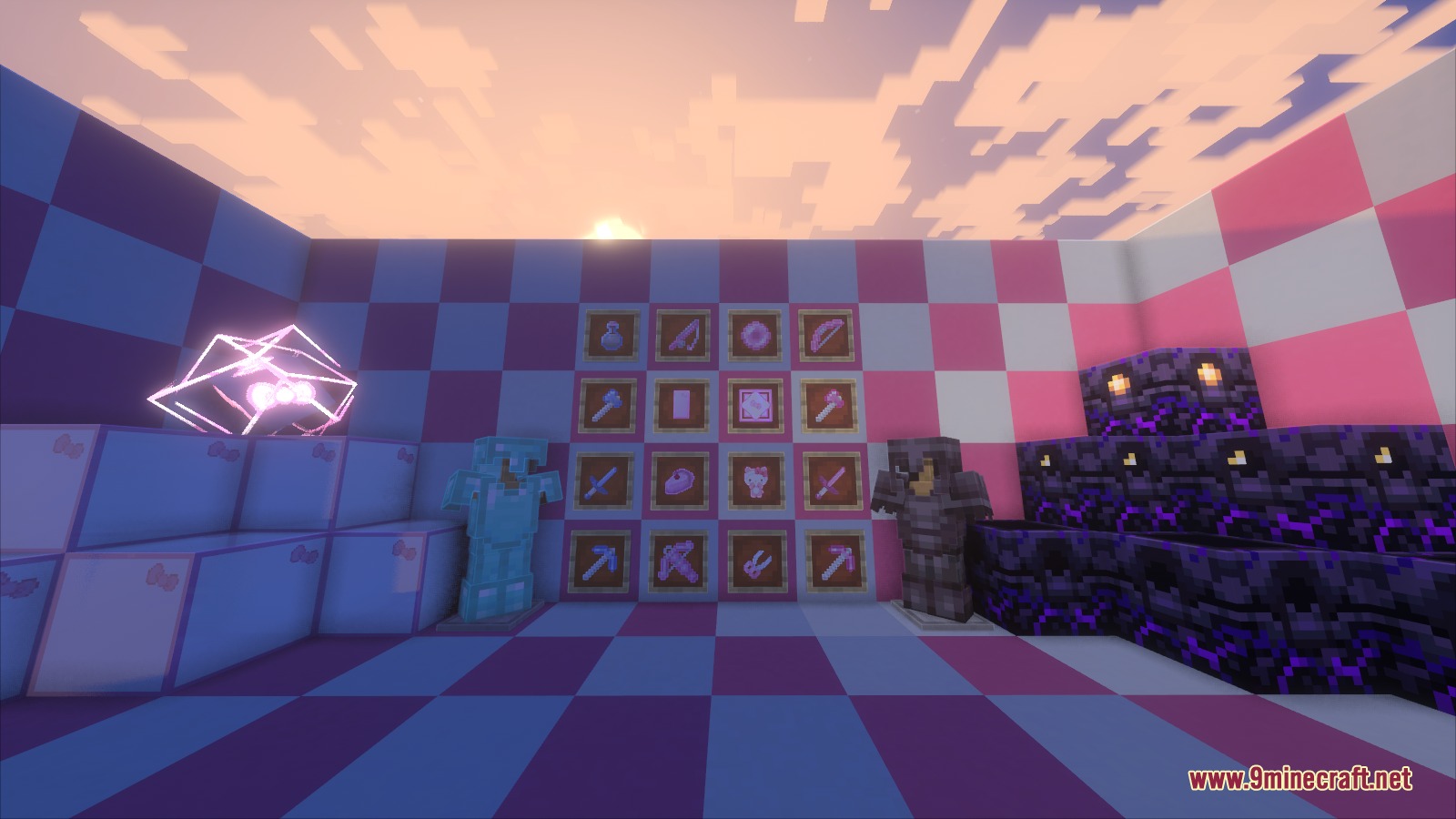 Kawaii PvP Resource Pack Screenshot 1 Kawaii PvP Resource Pack showcasing custom tools and armor in a checkered room