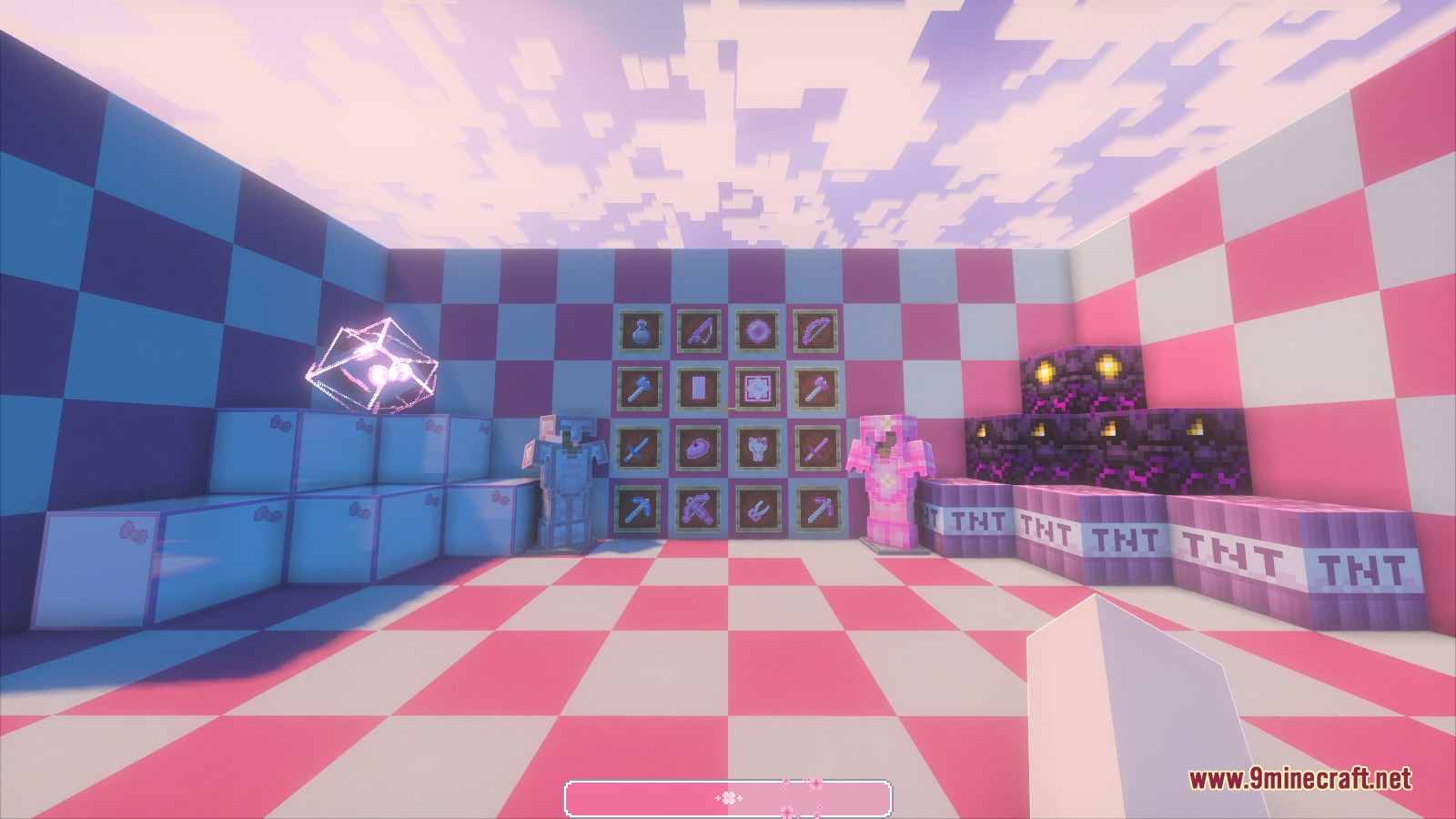 Kawaii PvP Resource Pack Screenshot 2 Bright Minecraft room featuring pink armor textures and custom purple TNT blocks
