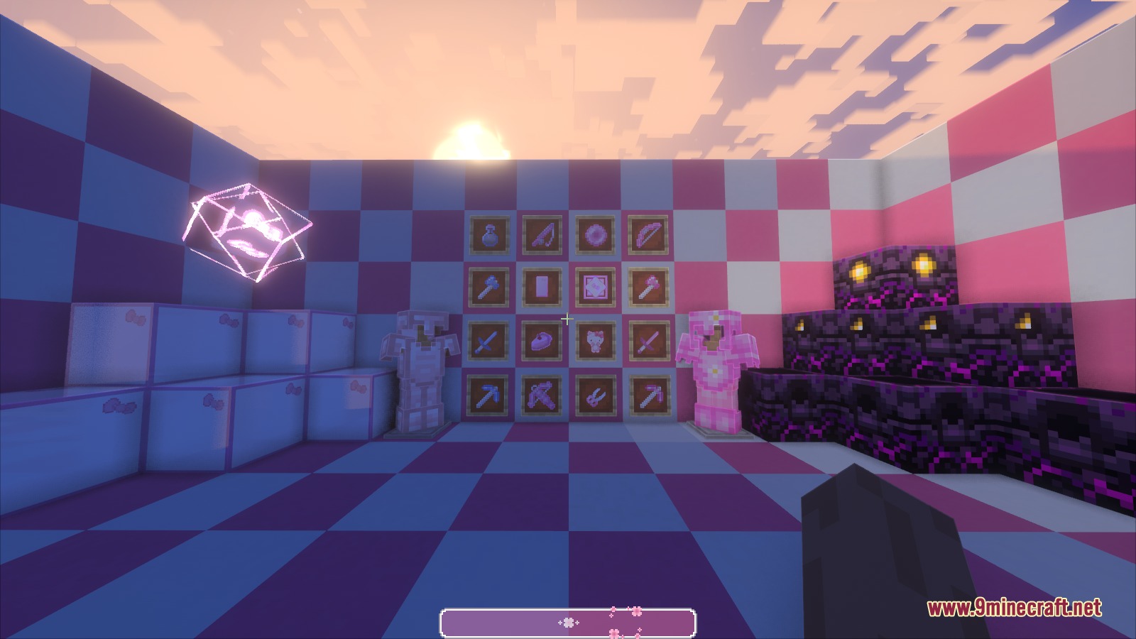 Kawaii PvP Resource Pack Screenshot 4 Pink and purple themed armor sets and items displayed in a checkered room