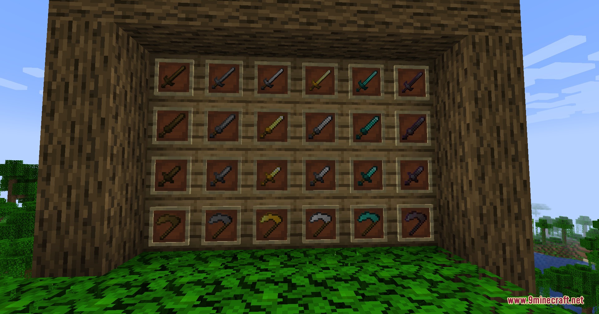 Various new weapon types displayed in item frames on a wooden wall
