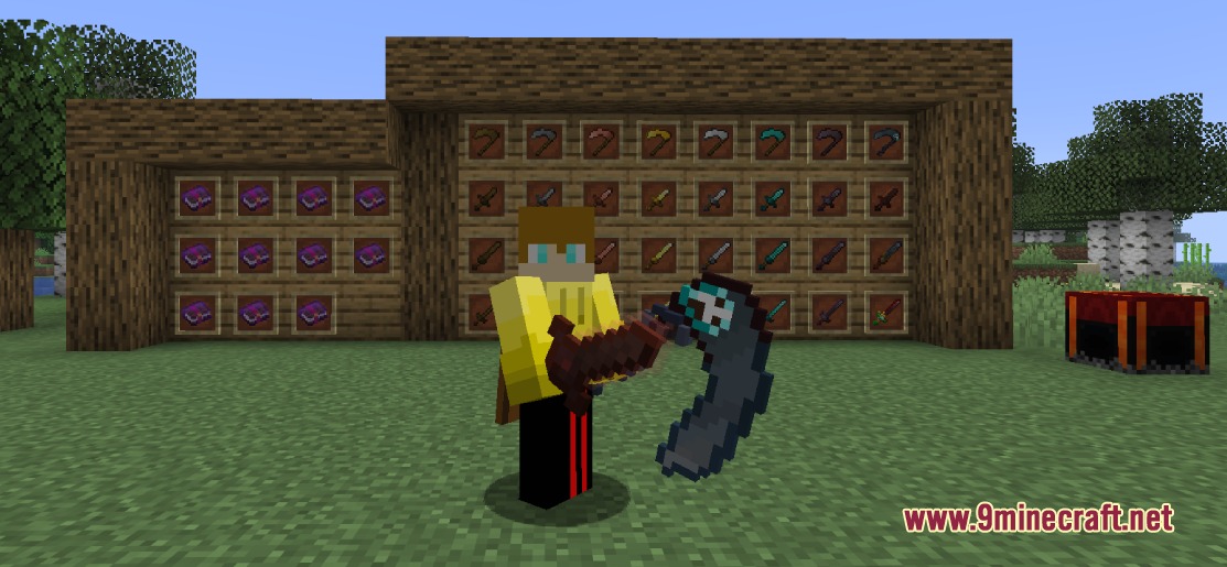 A Minecraft player holding a legendary scythe in front of a weapon display