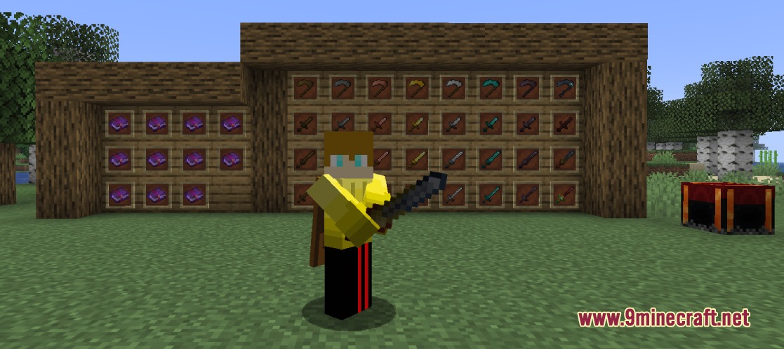 A Minecraft player showcasing a two handed weapon pose with a dark sword