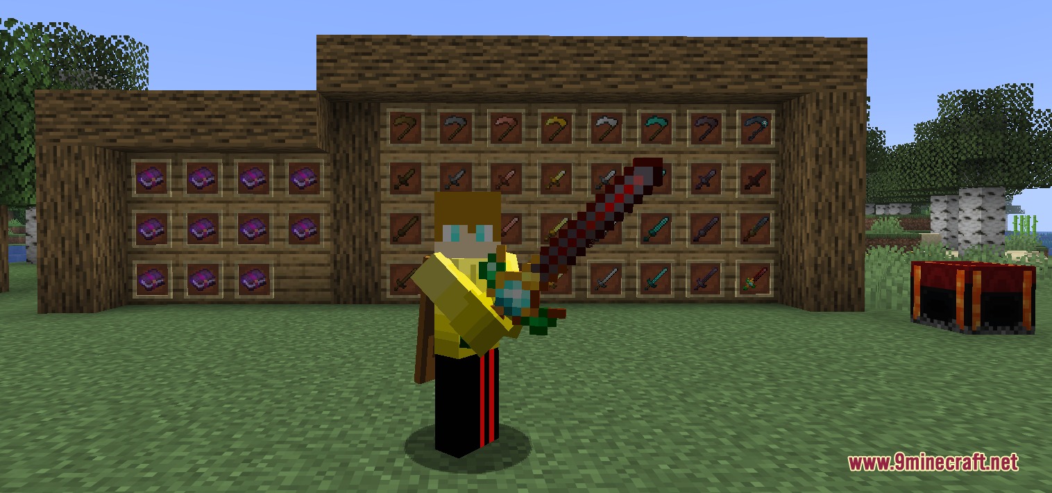 A player showcasing new legendary weapons and enchantments from Keegs Weapon Mod