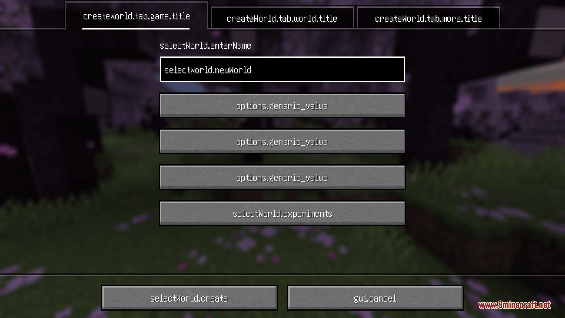 Key Language Pack Resource Pack Screenshot 1 Minecraft create world screen displaying raw translation keys for all menu buttons
