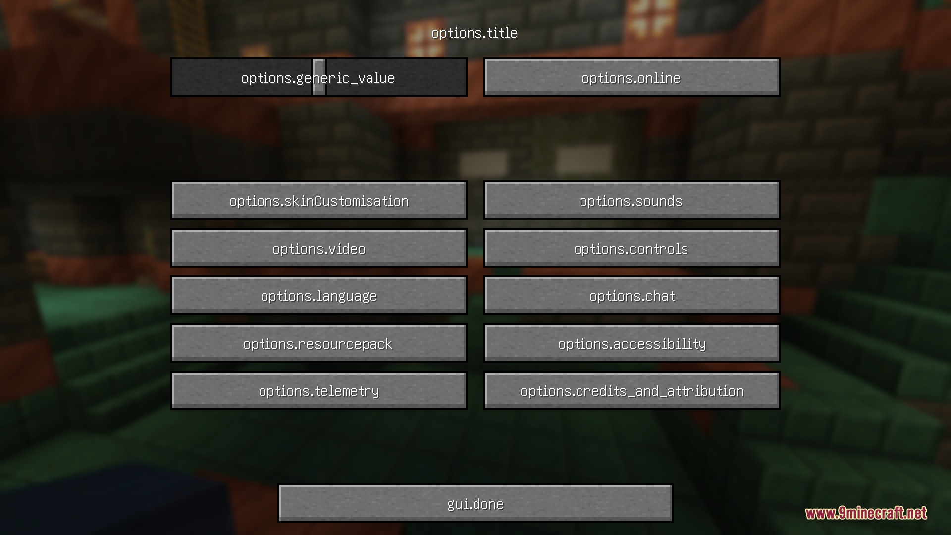 Key Language Pack Resource Pack Screenshot 2 Game settings menu showing raw translation keys for various options and buttons