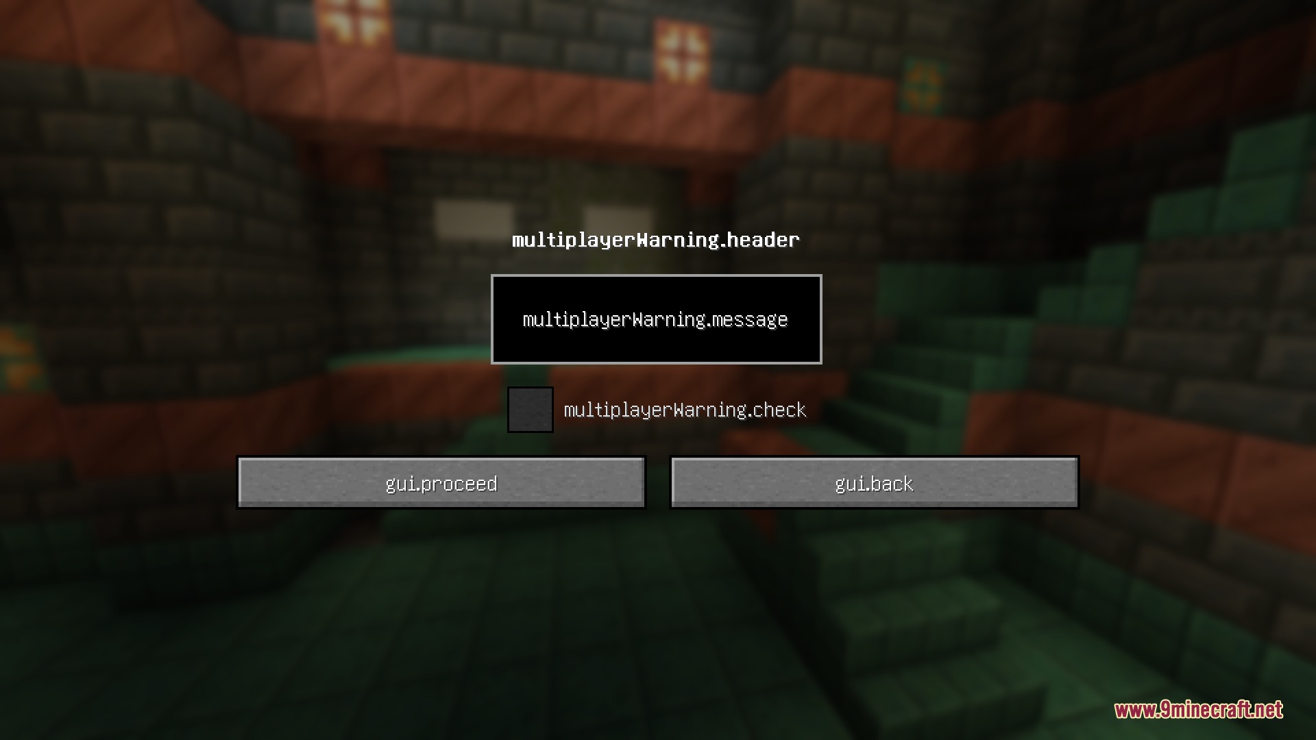 Key Language Pack Resource Pack Screenshot 4 Multiplayer warning screen showing raw translation keys instead of normal text