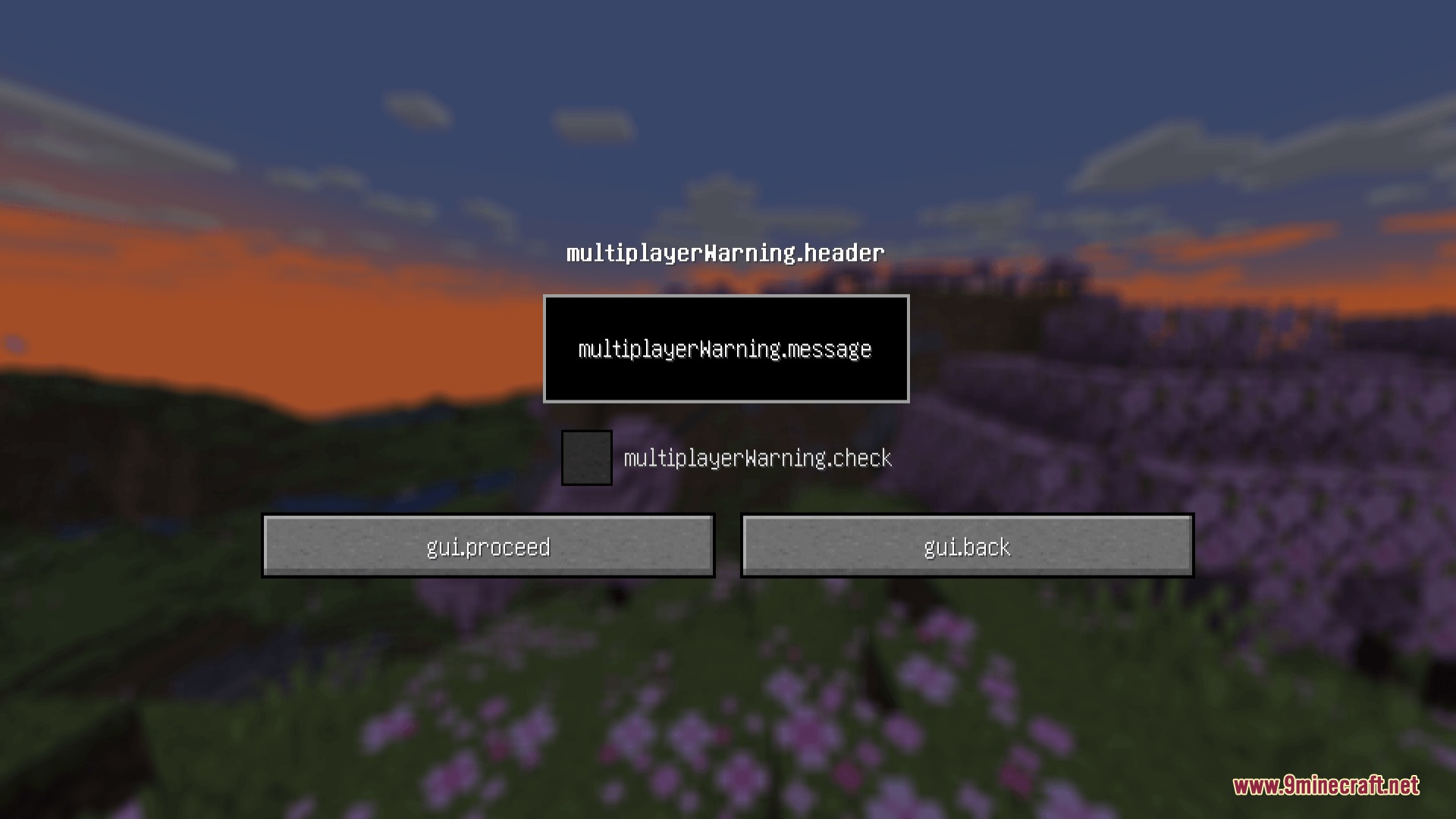 Key Language Pack Resource Pack Screenshot 5 A Minecraft multiplayer warning screen showing raw translation keys for all menu text