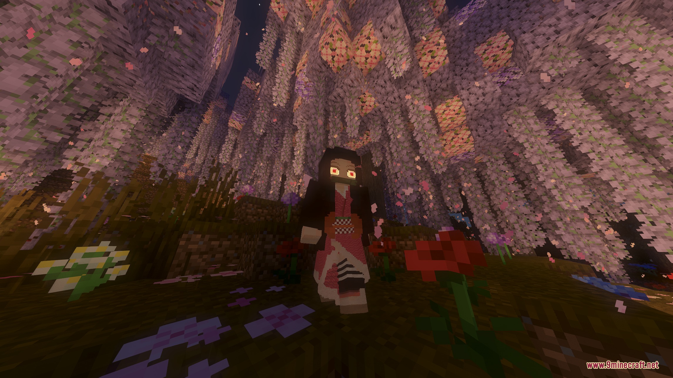 Kimetsunoyaiba Tweaks Mod Screenshot 1 A player character standing in a dense forest of blooming purple wisteria trees