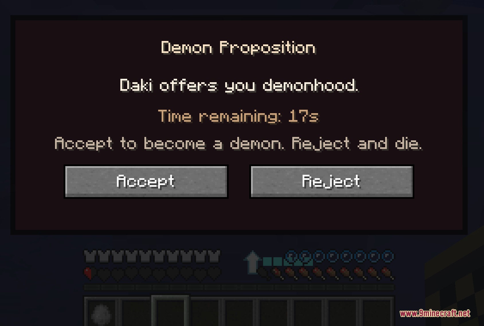 Kimetsunoyaiba Tweaks Mod Screenshot 2 Player choosing between becoming a demon or dying in a custom menu screen