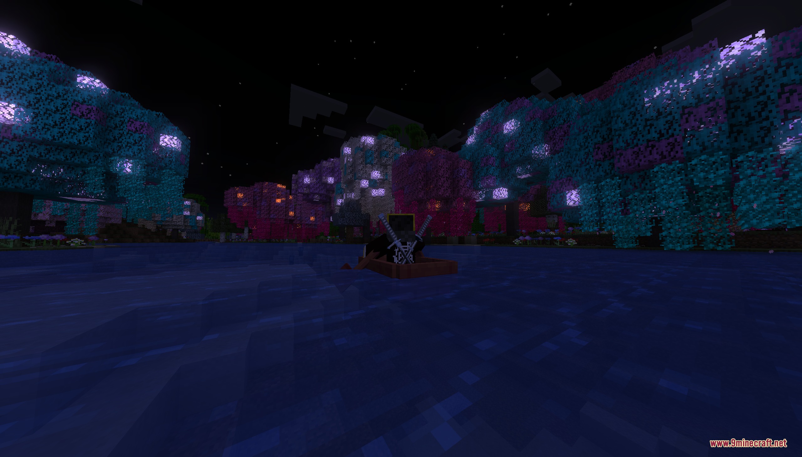 Kimetsunoyaiba Tweaks Mod Screenshot 3 Player with swords on back rowing a boat past glowing pink and blue trees
