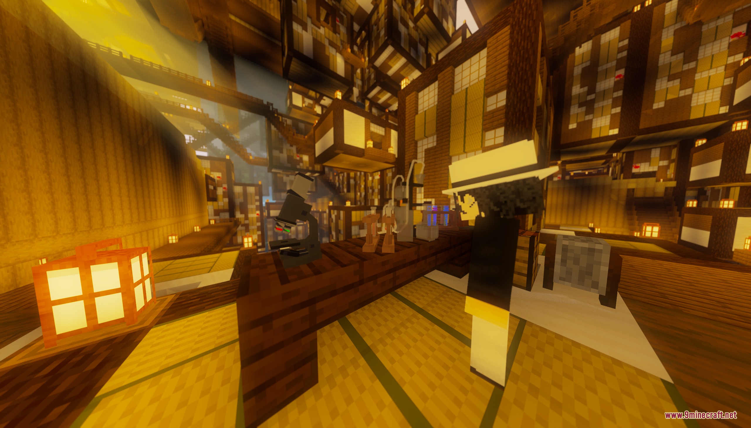 Kimetsunoyaiba Tweaks Mod Screenshot 4 Character in a white hat using a microscope inside a complex wooden structure