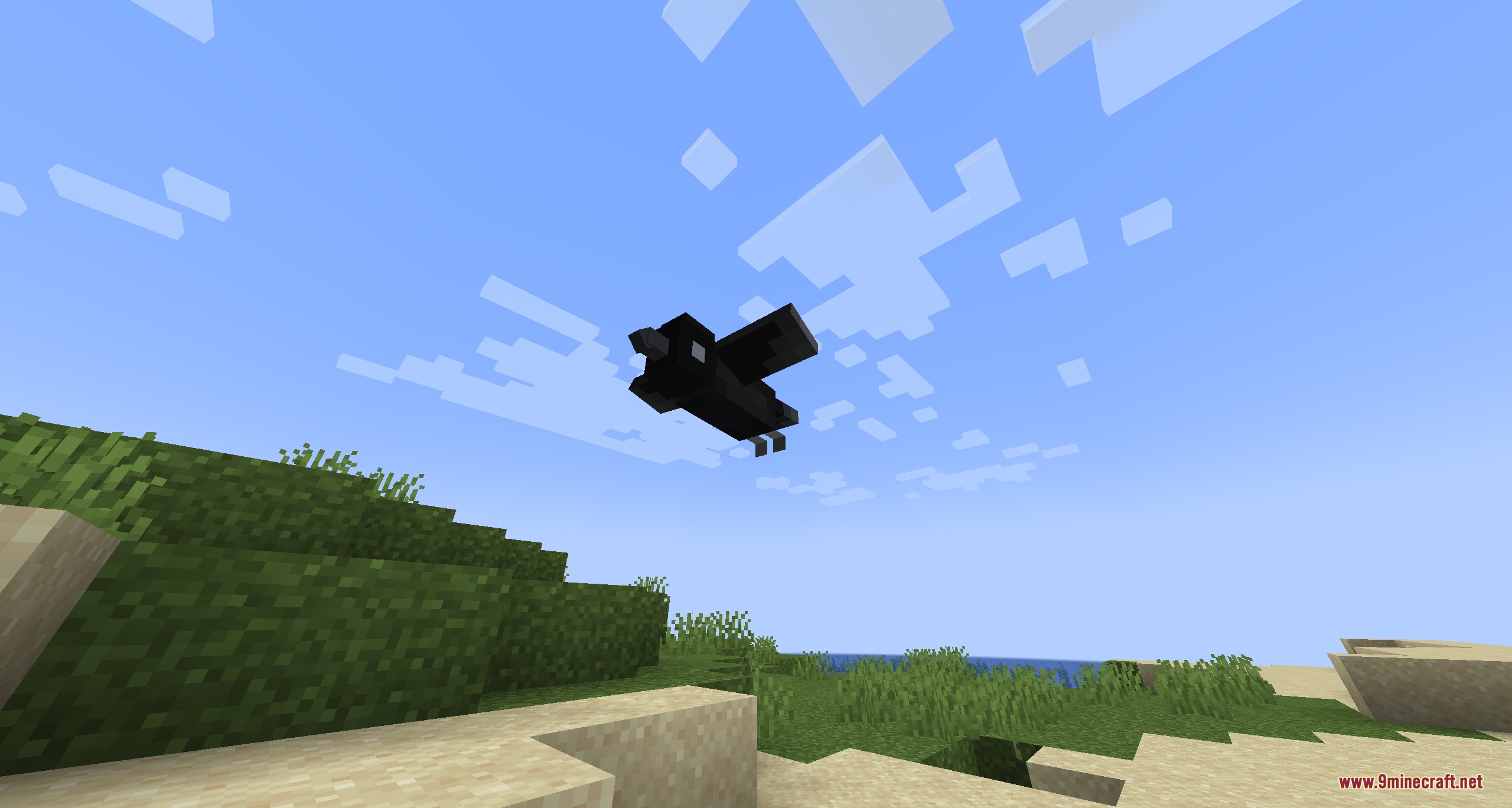 Kimetsunoyaiba Tweaks Mod Screenshot 6 A black Kasugai crow flies through the sky above a grassy landscape
