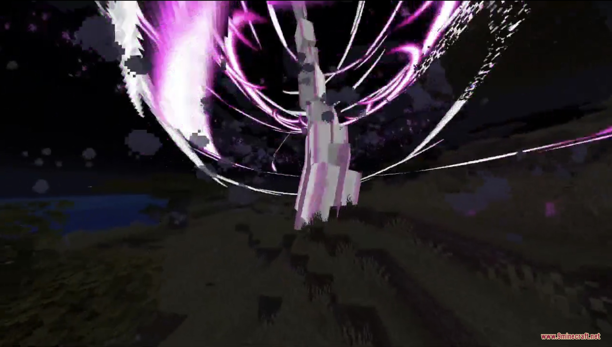 Kimetsunoyaiba Tweaks Mod Screenshot 7 A massive pink and white energy blast erupts in the dark Minecraft world