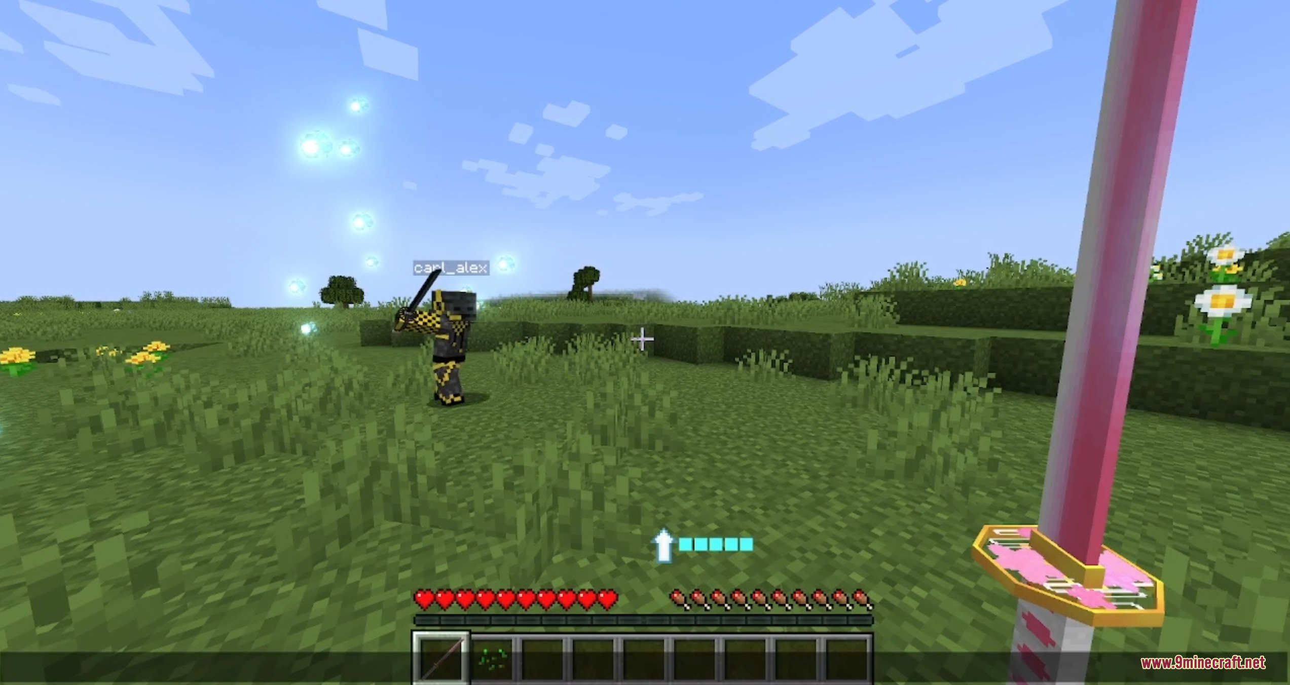 Kimetsunoyaiba Tweaks Mod Screenshot 8 First person view of a pink nichirin sword during a multiplayer duel