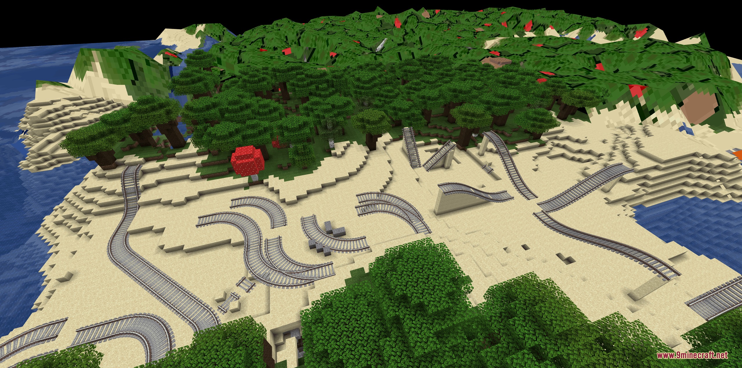 Kinetic Cartography Mod Screenshot 1 Detailed train tracks and railway networks rendered on a sandy Minecraft landscape