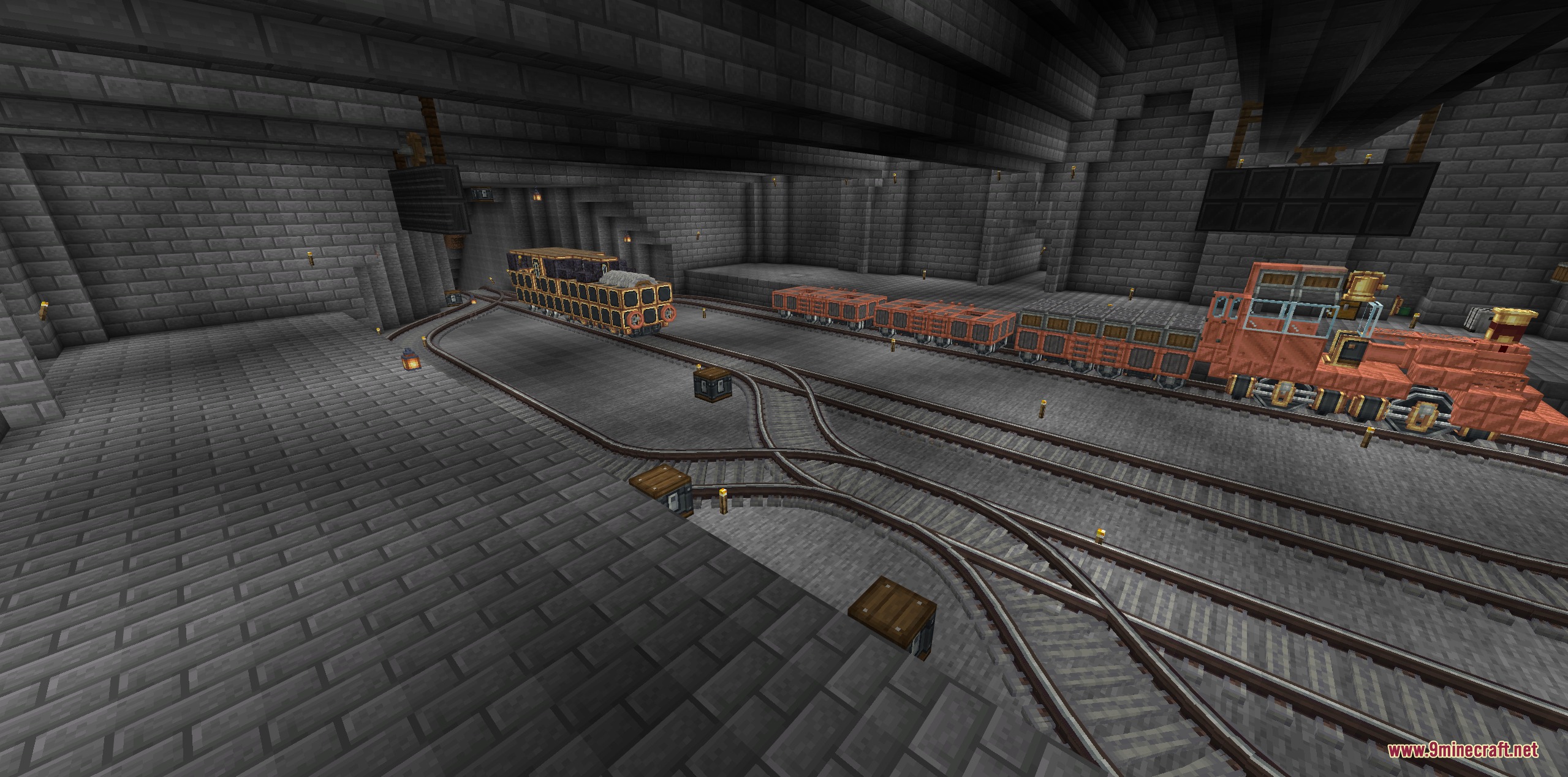 Kinetic Cartography Mod Screenshot 3 Detailed copper trains and railway tracks inside a large stone brick underground station