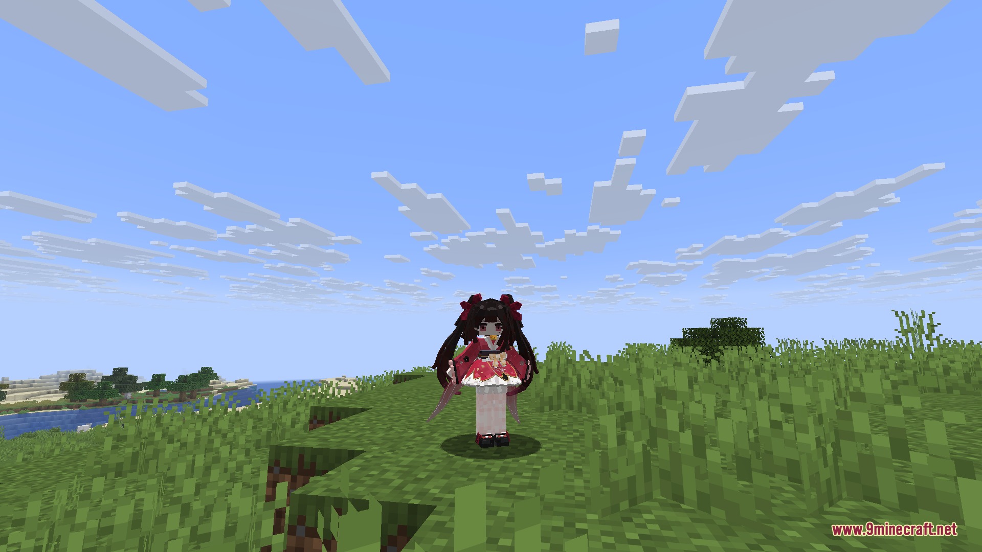 A custom anime character model standing in a grassy Minecraft field