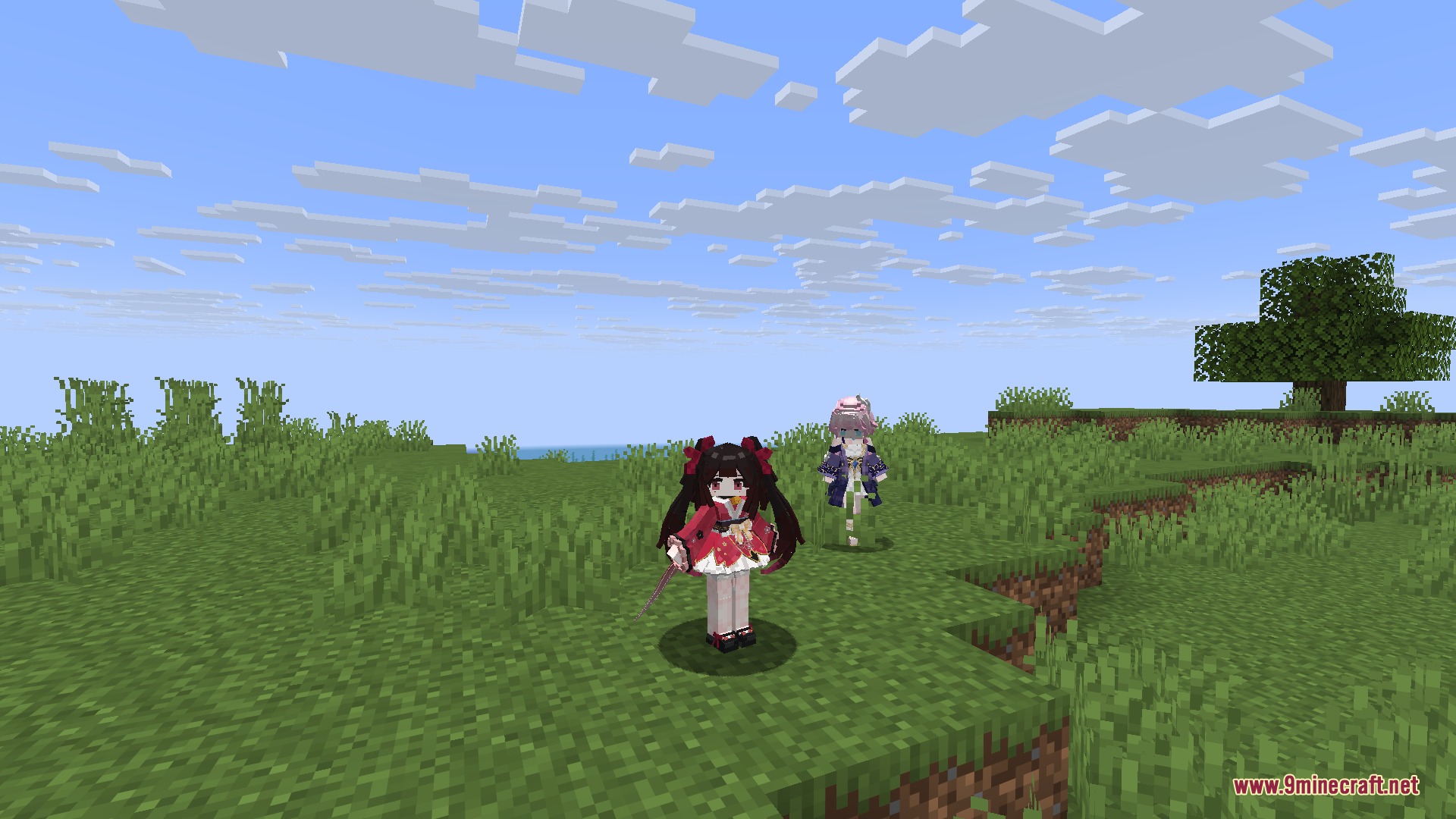 Two custom anime character models standing together in a grassy Minecraft field