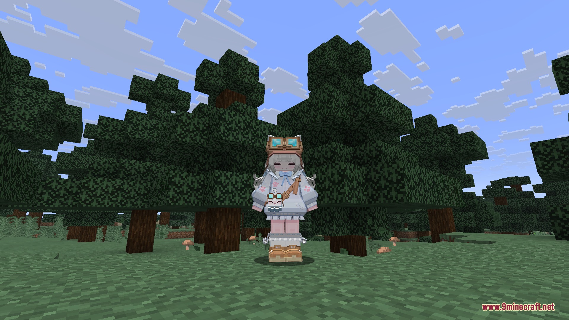 A custom character model with goggles standing in a spruce forest biome
