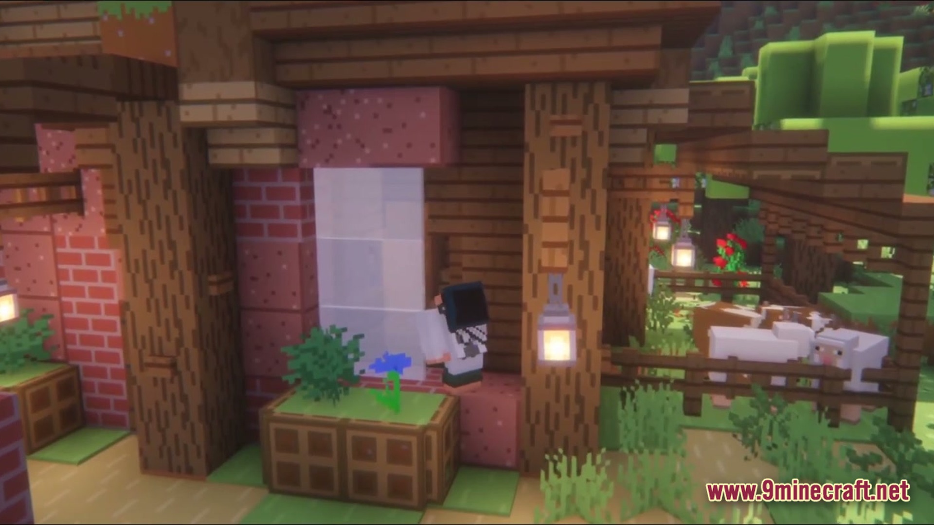 Kinetic Odyssey Quest Modpack Screenshot 1 A player character stands outside a rustic wooden house next to a fenced animal pen
