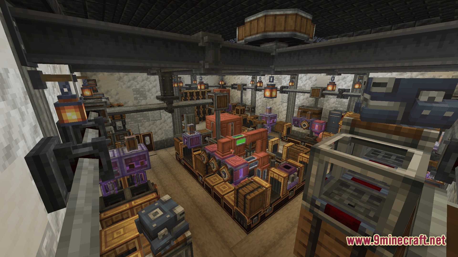 Kinetic Odyssey Quest Modpack Screenshot 10 An industrial factory interior featuring complex machinery, copper piping, storage barrels, and hanging lanterns