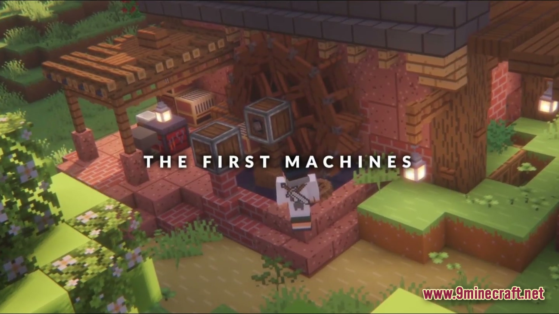 Kinetic Odyssey Quest Modpack Screenshot 2 A player character stands before a wooden water wheel and mechanical components from the Create mod