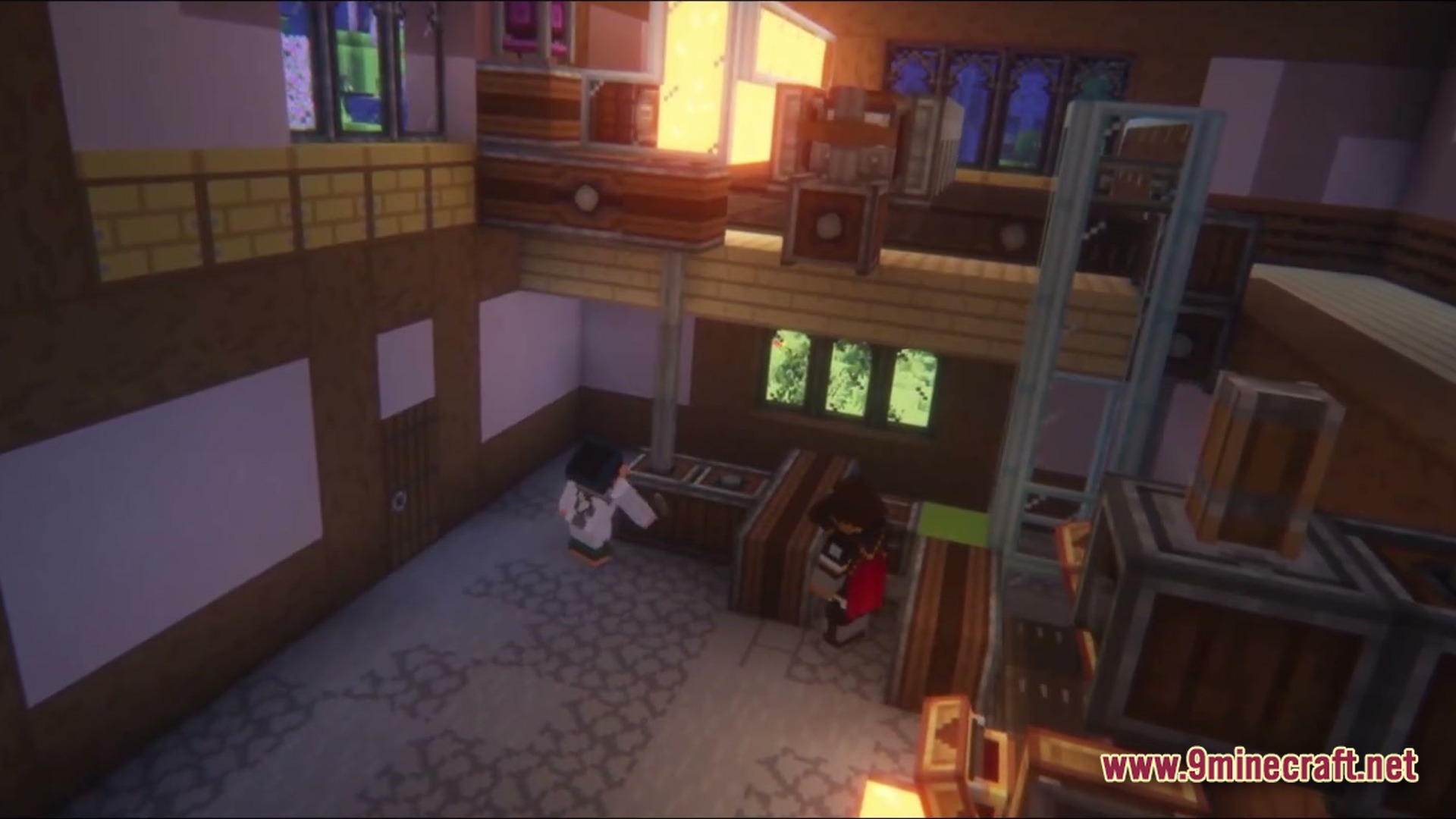 Kinetic Odyssey Quest Modpack Screenshot 3 Two players interact with Create mod machinery and storage blocks inside a multi-level wooden workshop