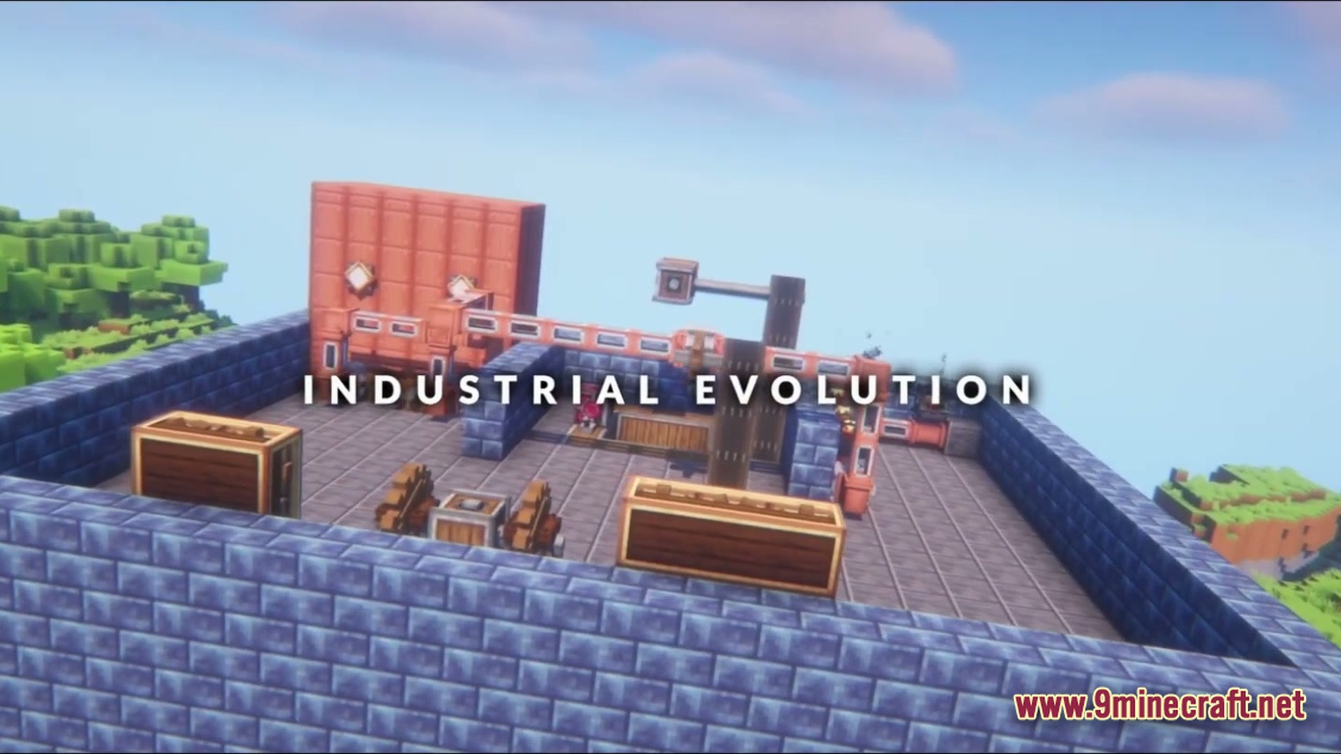 Kinetic Odyssey Quest Modpack Screenshot 5 A factory floor featuring mechanical components, copper pipes, and gears from the Create mod