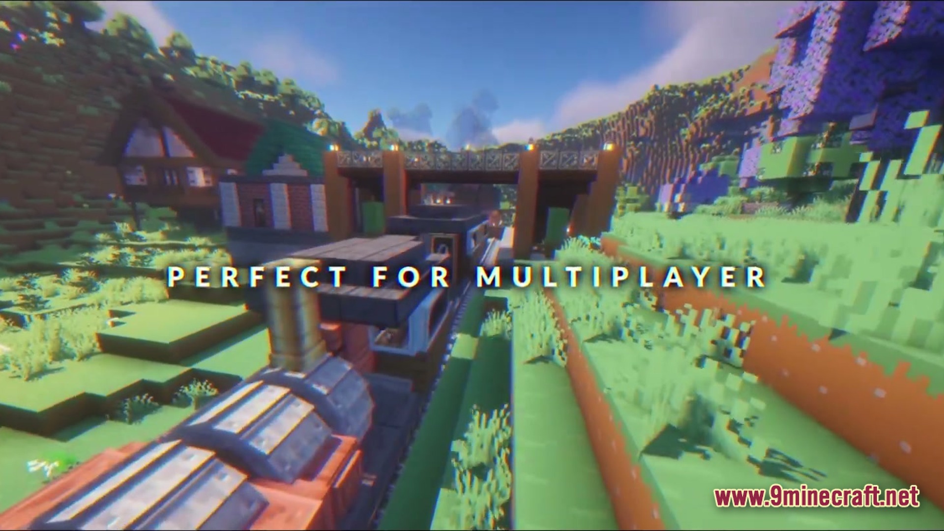 Kinetic Odyssey Quest Modpack Screenshot 6 A steam locomotive travels along a track through a village with houses and a bridge