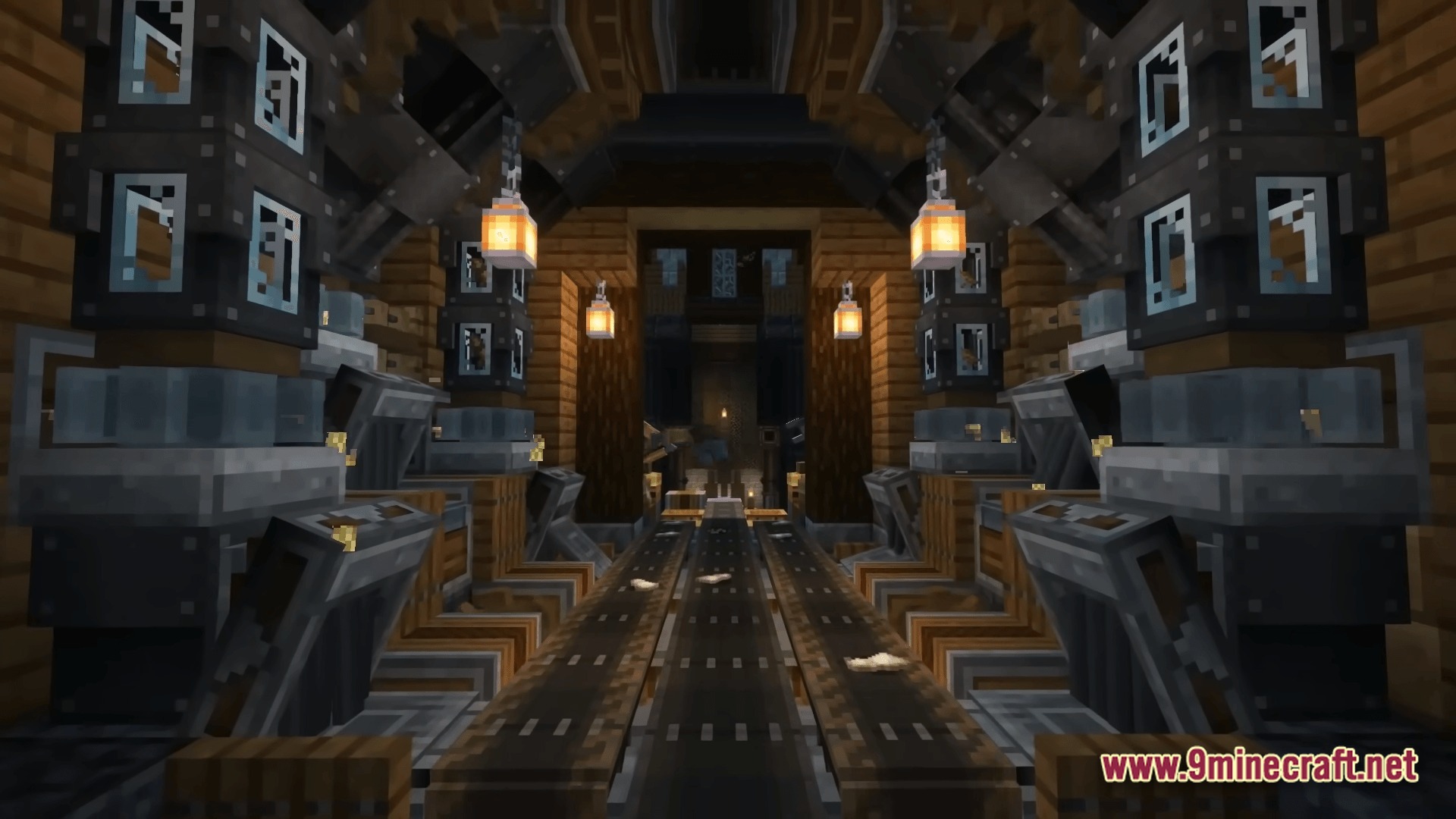Kinetic Odyssey Quest Modpack Screenshot 7 An industrial factory interior featuring conveyor belts, mechanical presses, and hanging lanterns in a wooden hall