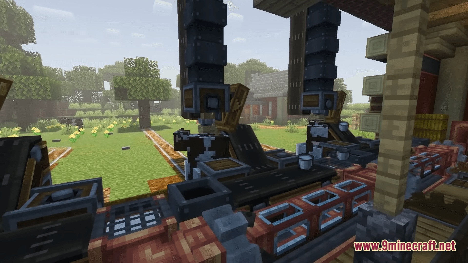 Kinetic Odyssey Quest Modpack Screenshot 8 An automated milking station using Create mod machinery and conveyor belts to process milk buckets