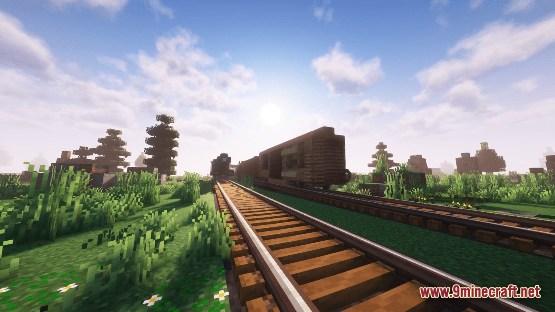 Kinetic Odyssey Quest Modpack Screenshot 9 A steam locomotive pulls cargo cars along a railway track through a grassy plains biome