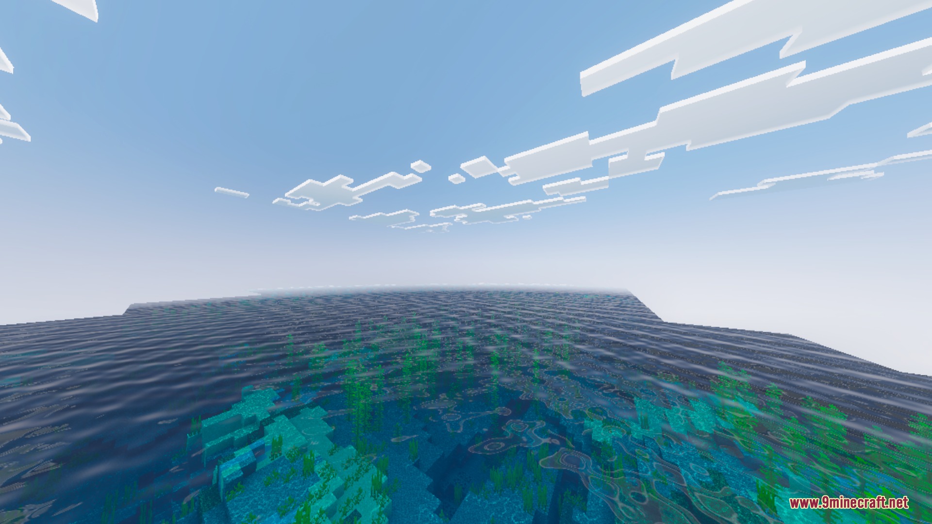 Kinetix Visuals Shader Screenshot 1 Vibrant blue ocean water with visible seagrass under a bright blocky sky