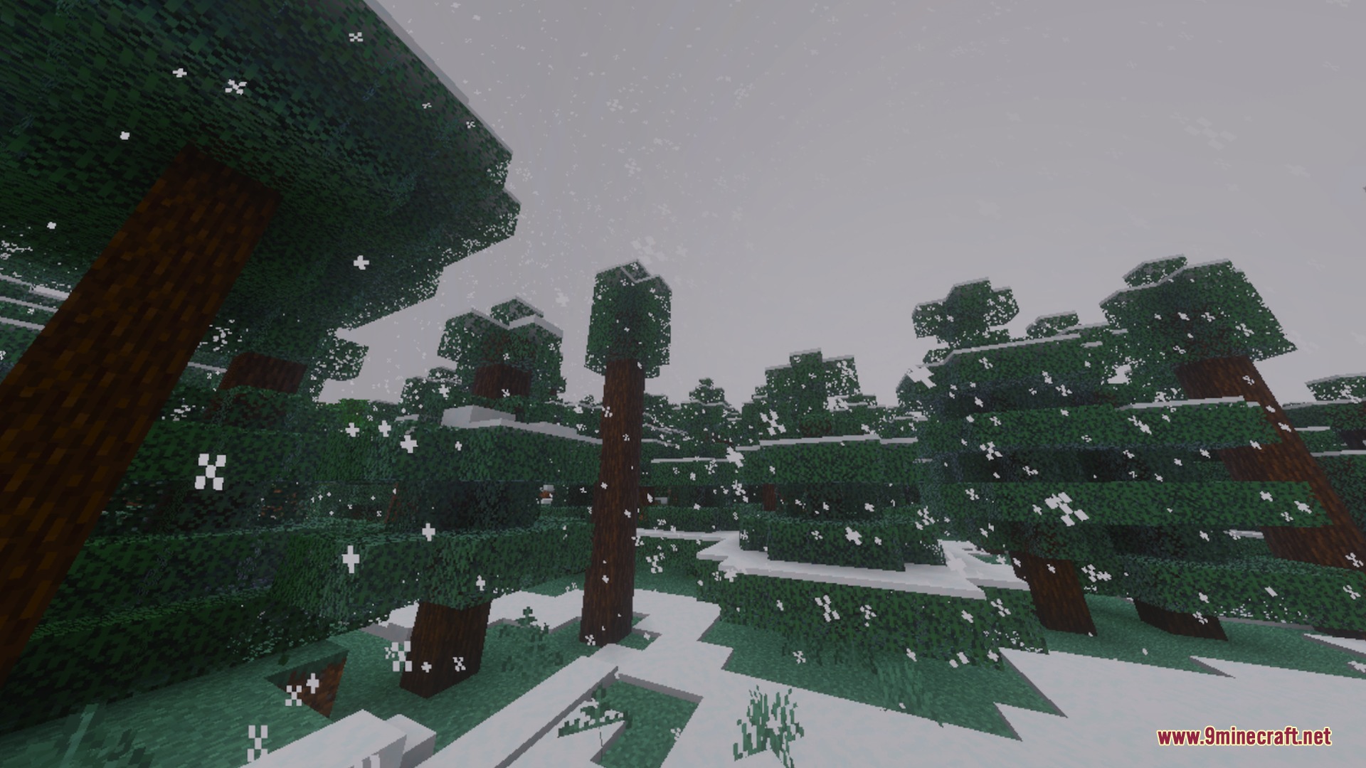 Kinetix Visuals Shader Screenshot 10 Snowy taiga biome with falling snow and realistic atmospheric fog effects