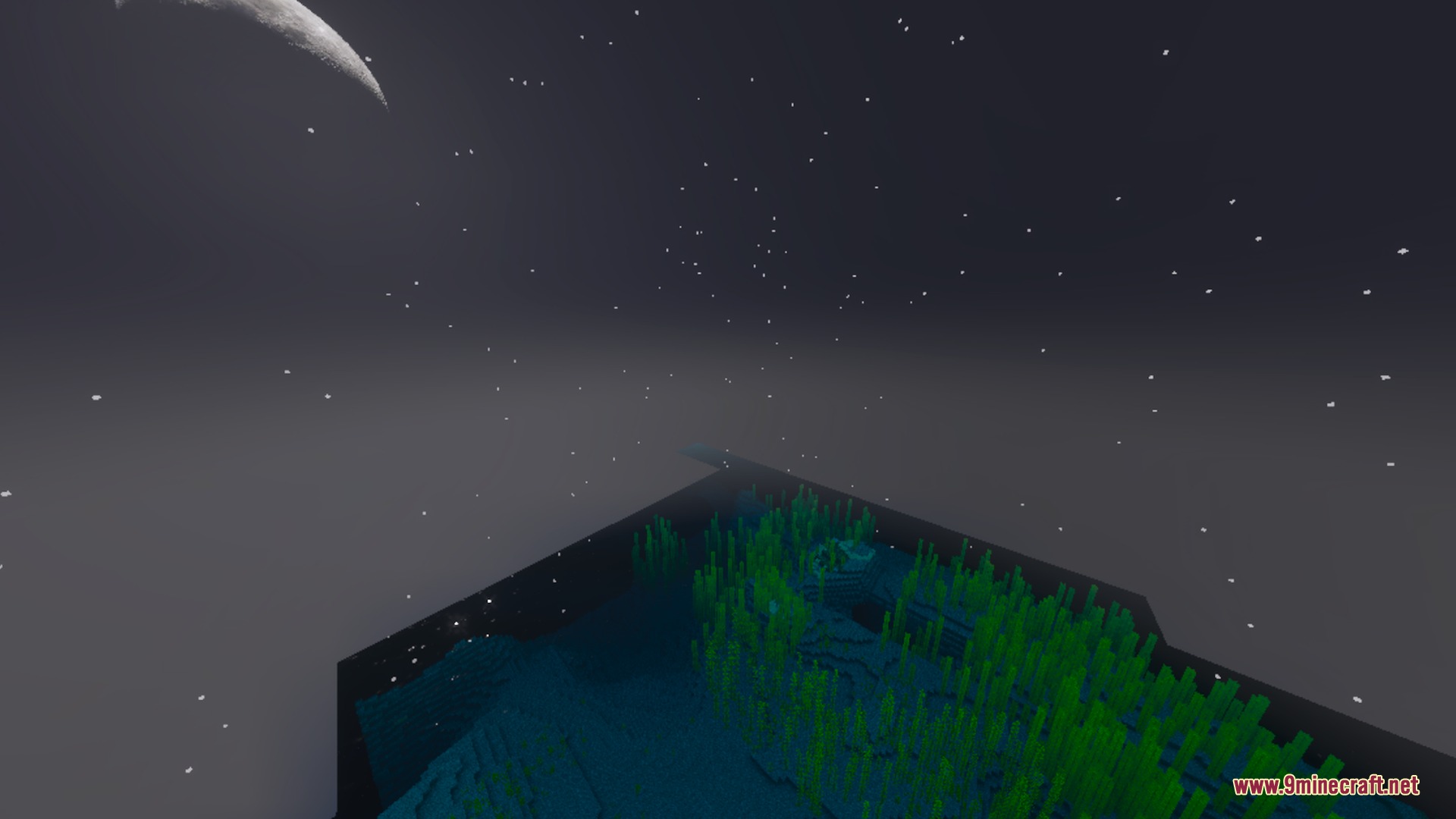 Kinetix Visuals Shader Screenshot 3 A crescent moon and stars shine over a glowing underwater kelp forest