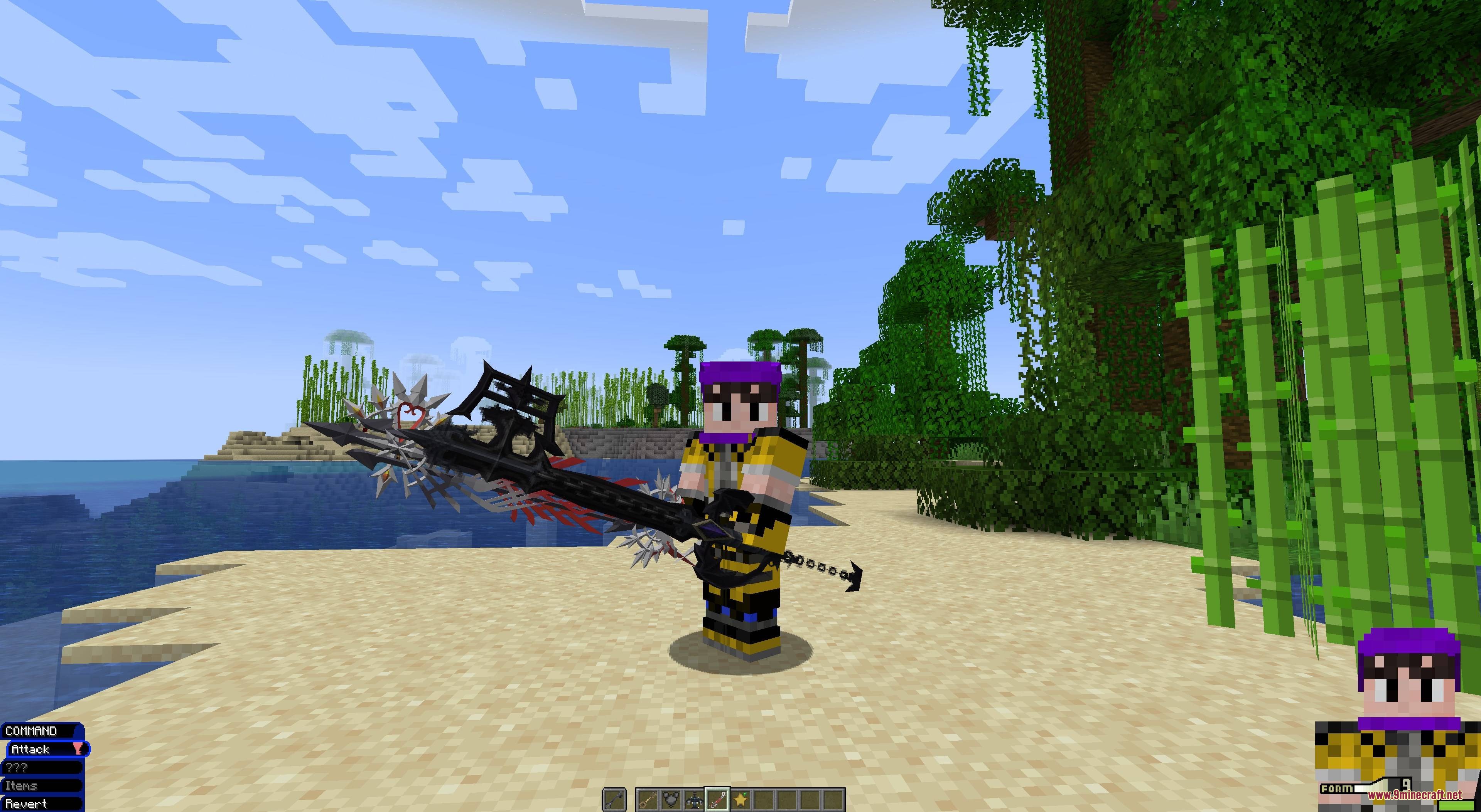 Kingdom Keys 2 Mod Screenshot 3 Minecraft player wielding a large black Keyblade on a tropical beach biome