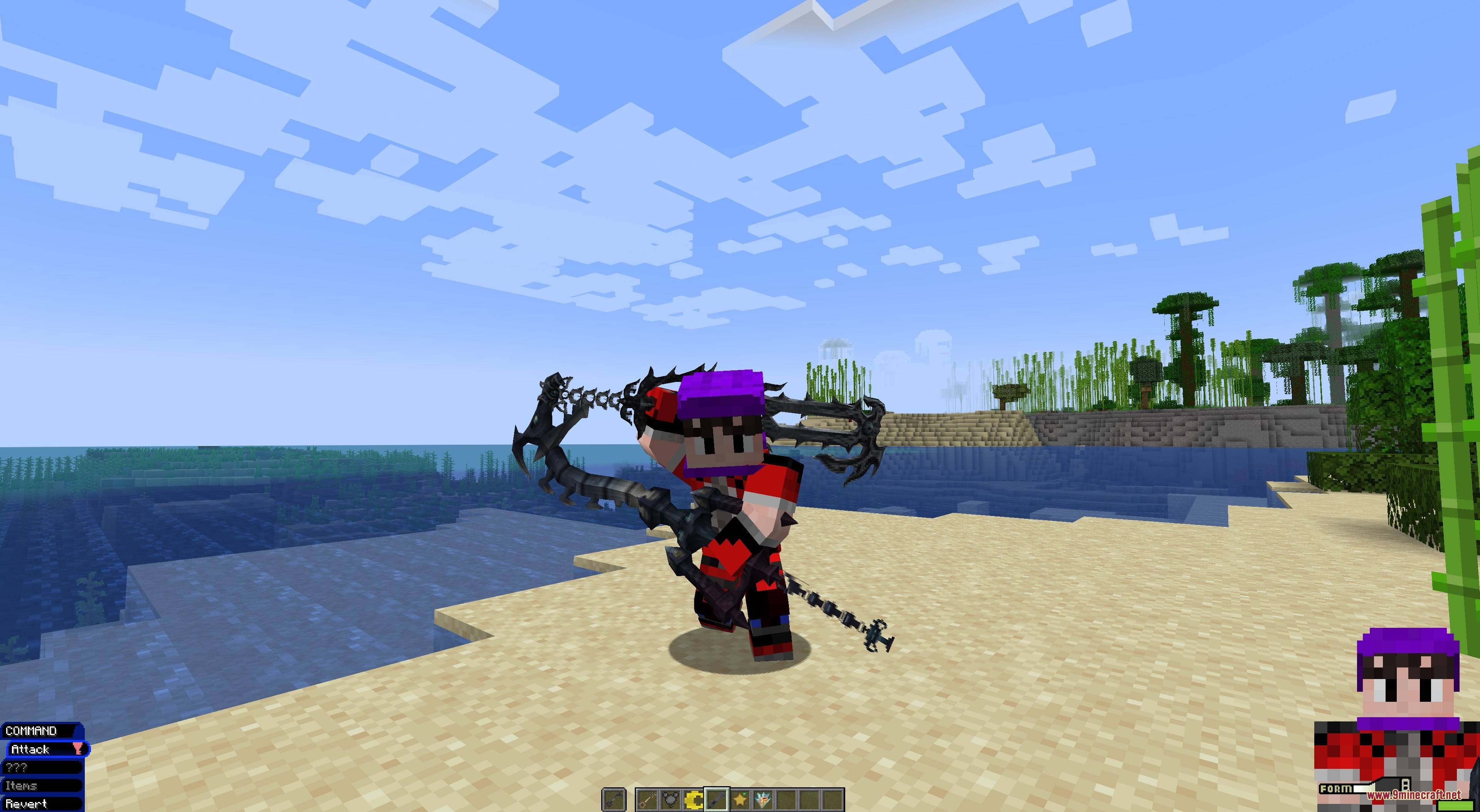 Kingdom Keys 2 Mod Screenshot 4 Minecraft character dual wielding two dark Keyblades while wearing red and black armor