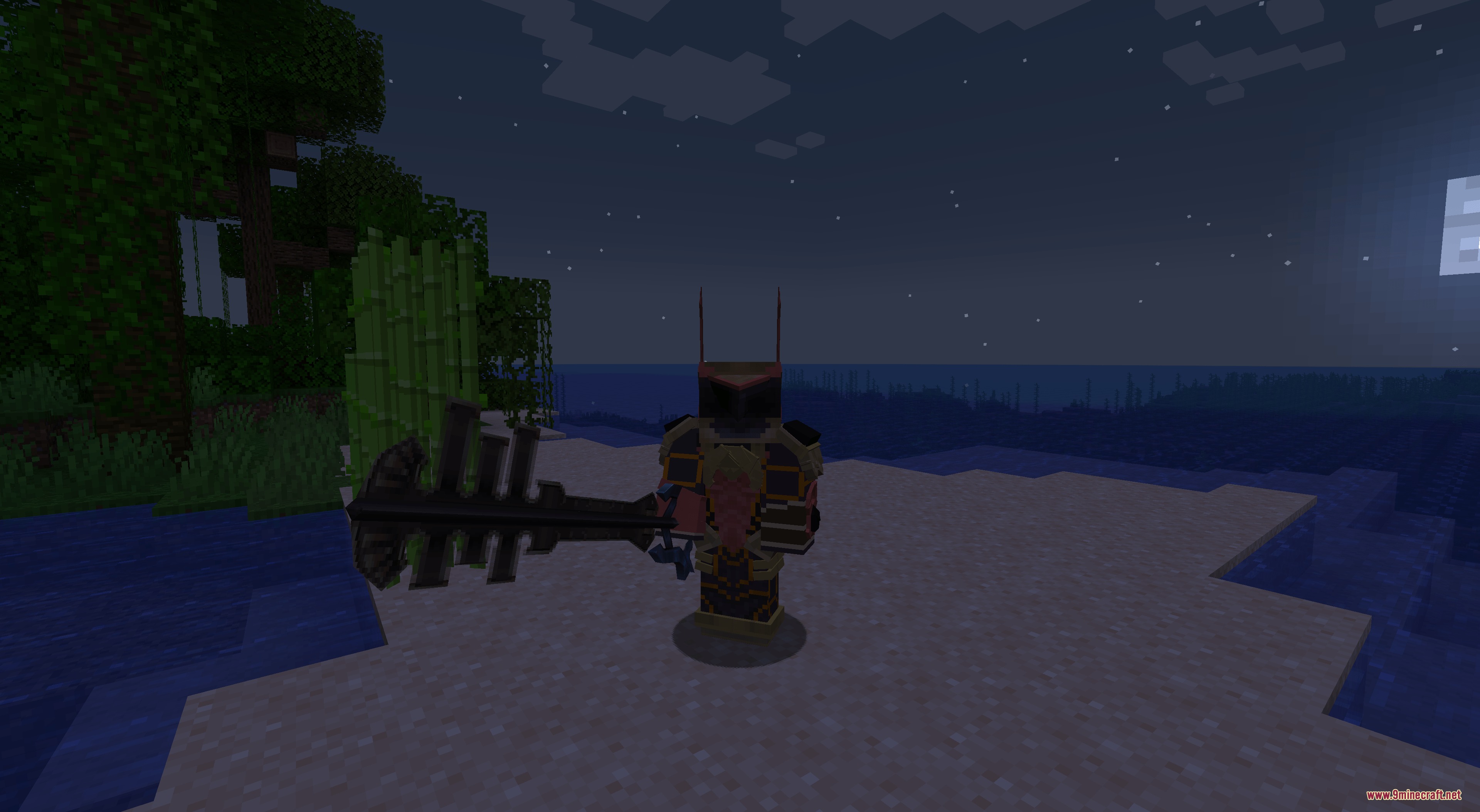 Kingdom Keys 2 Mod Screenshot 5 A player character wearing dark armor holds a large black spiked Keyblade at night