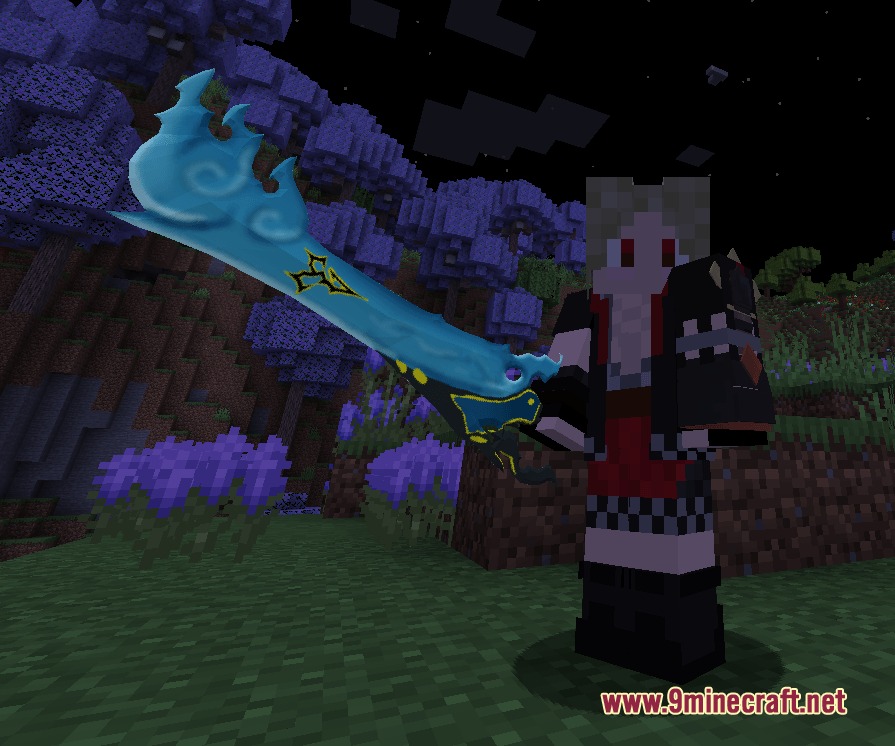 Kingdom Keys Re Mind Mod Screenshot 3 Player holding a large glowing blue sword in a dark purple forest