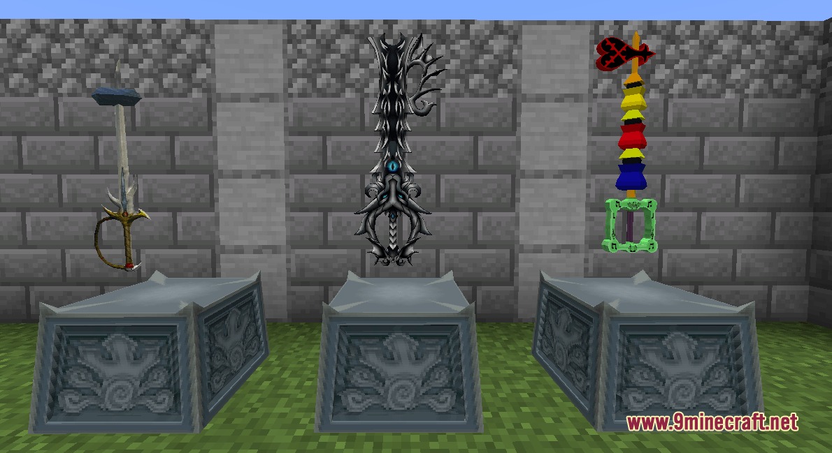 Kingdom Keys Re Mind Mod Screenshot 4 Three different magical weapons showcased on stone pedestals in a Minecraft world