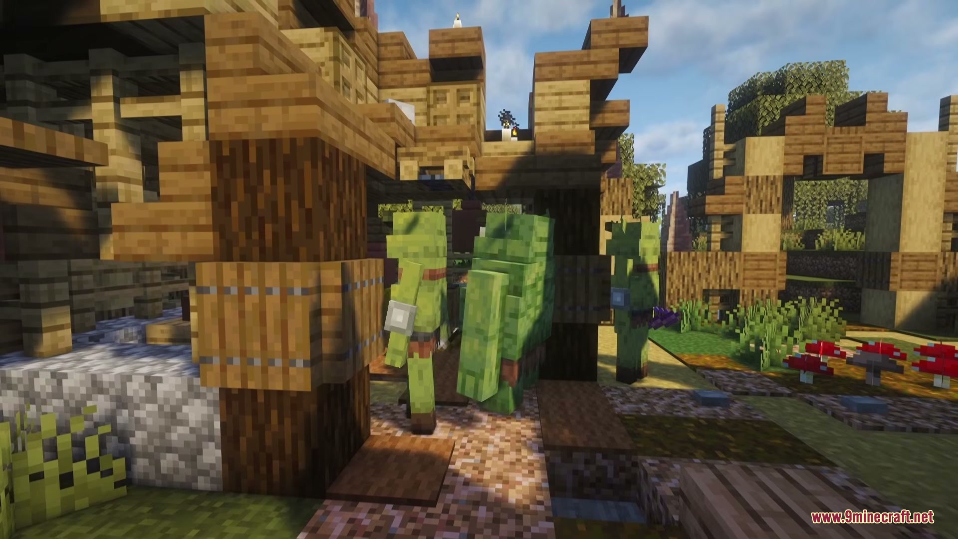 Kings & Monsters Mod Screenshot 2 Green ogre grunts and archers walking through a wooden camp in Minecraft