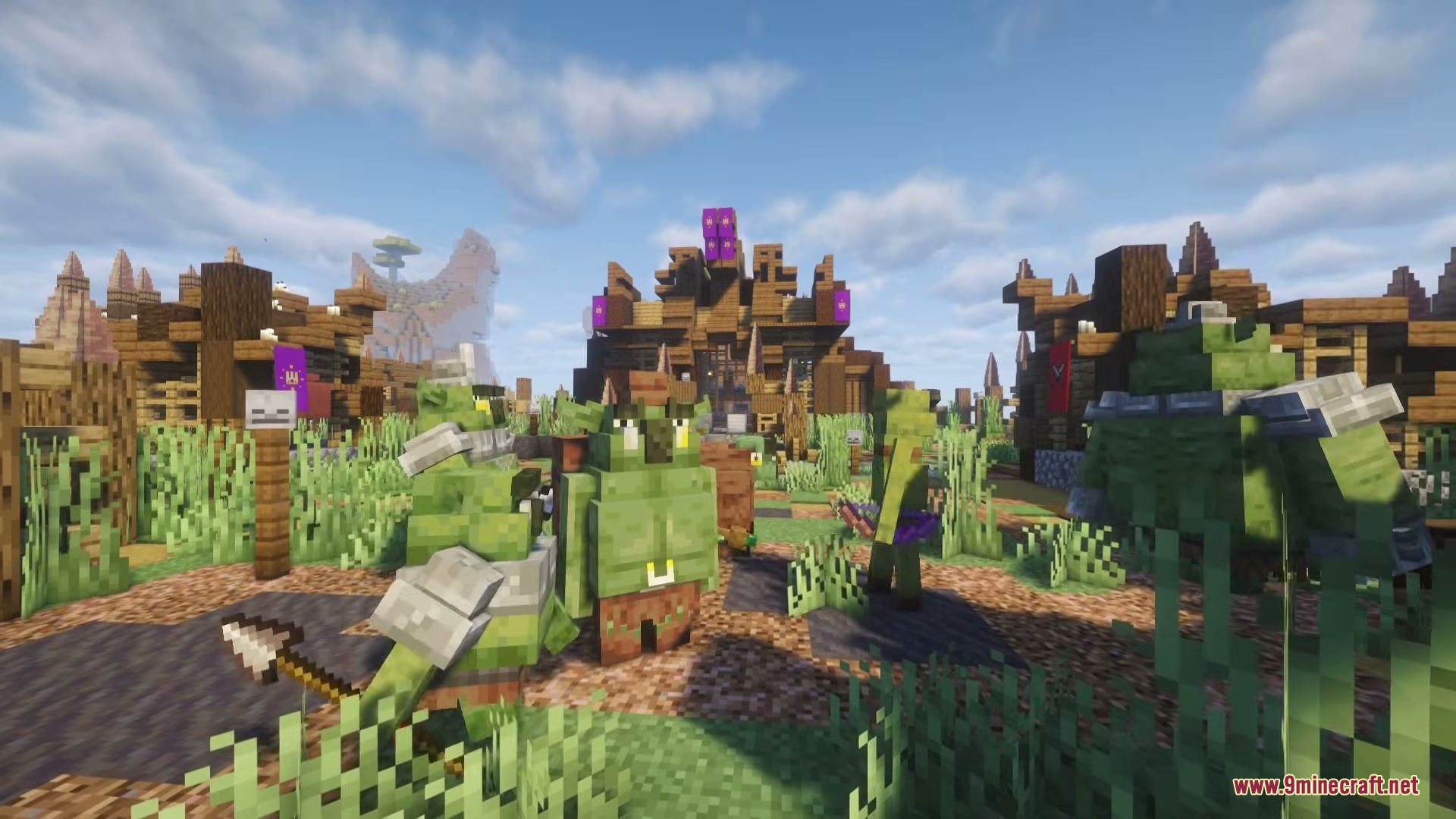 Kings & Monsters Mod Screenshot 7 A group of green ogre mobs standing in a fortified wooden camp